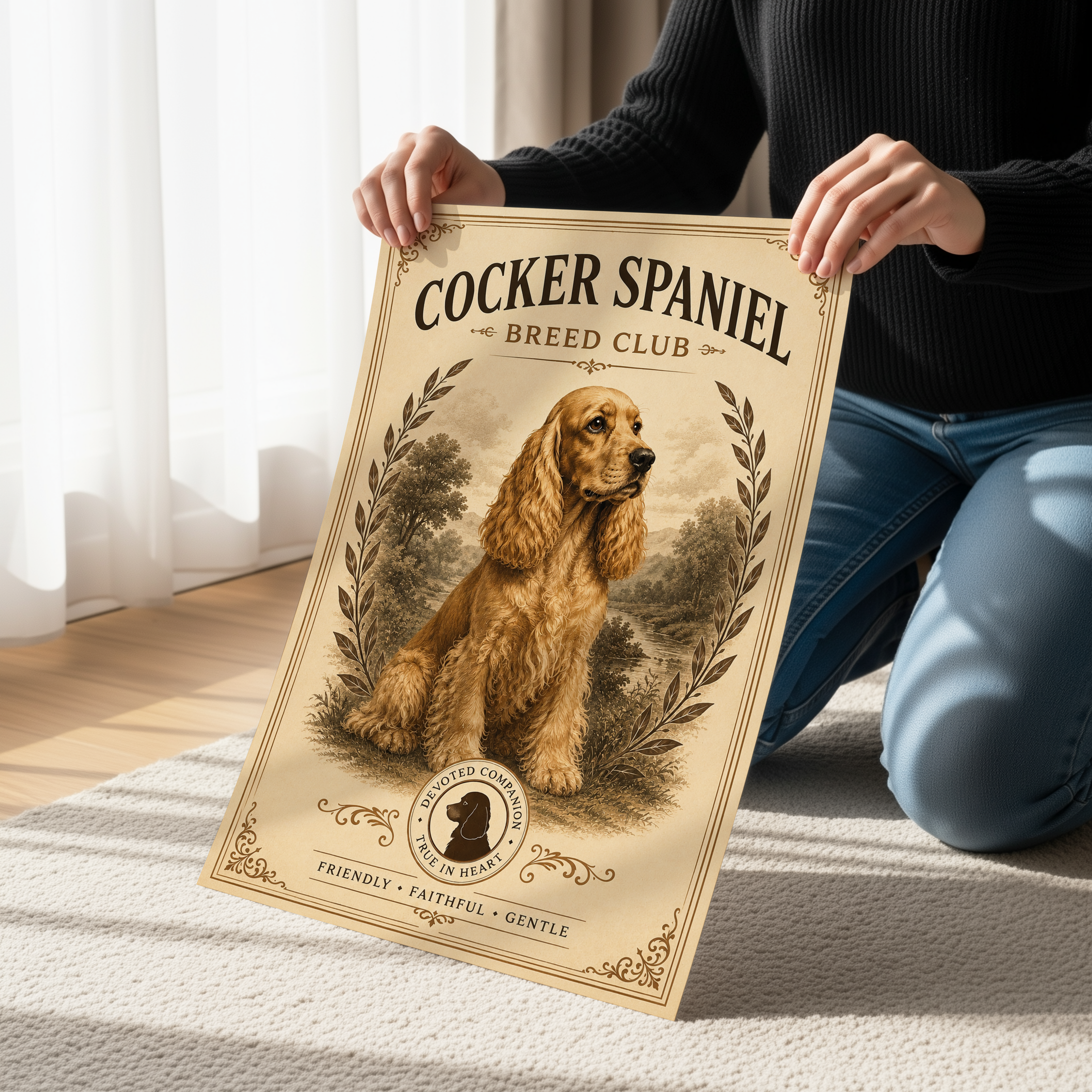 Vintage Cocker Spaniel Breed Club Poster or Canvas, Antique Dog Wall Art, Classic Victorian Pet Portrait Print, Neutral Rustic Dog Decor