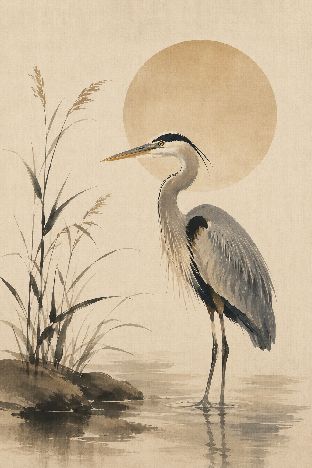 Japandi Blue Heron Wall Art, Minimalist Coastal Bird Print, Neutral Zen Nature Decor