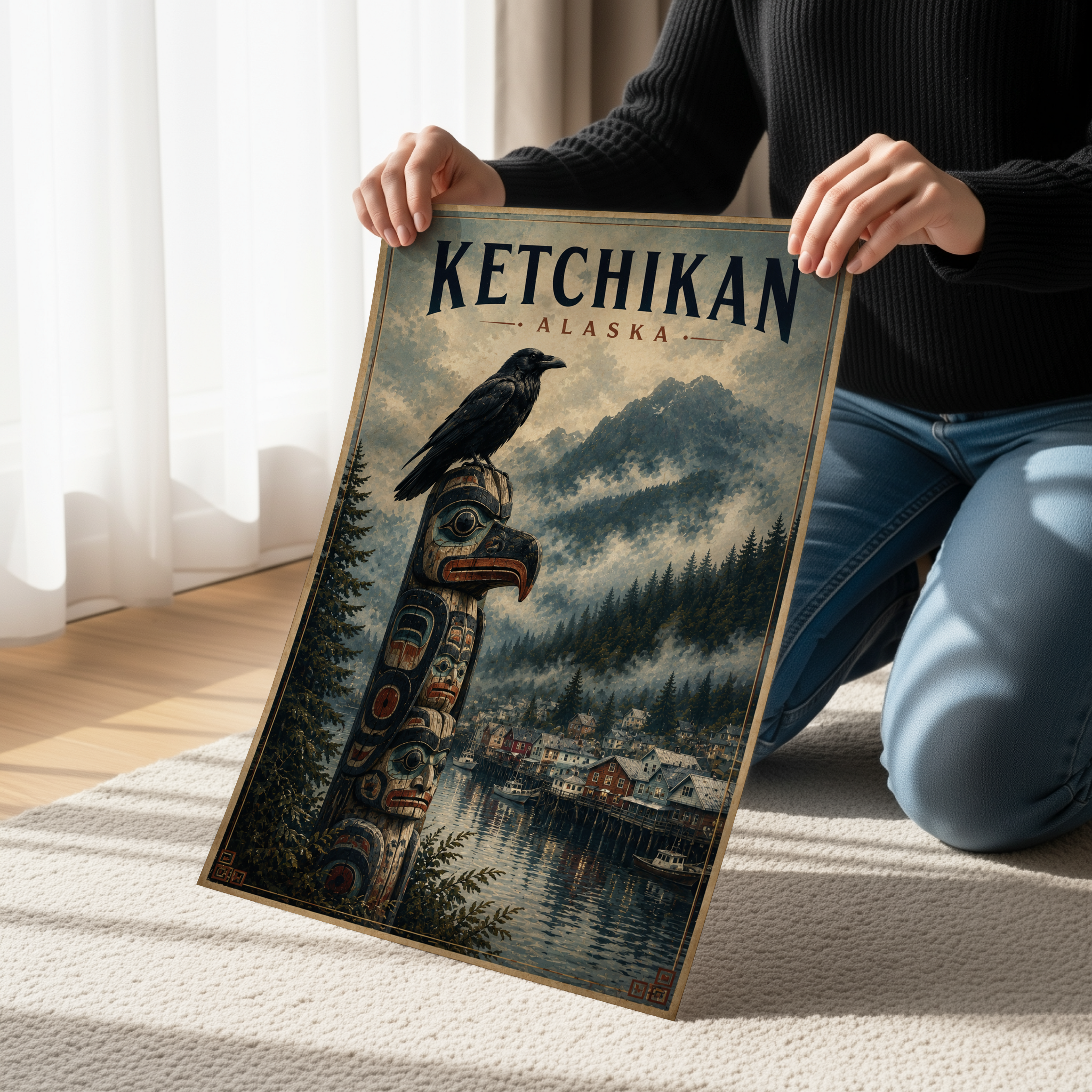 Ketchikan Alaska Totem Pole Poster | Vintage Alaska Coastal Wall Art Canvas Print