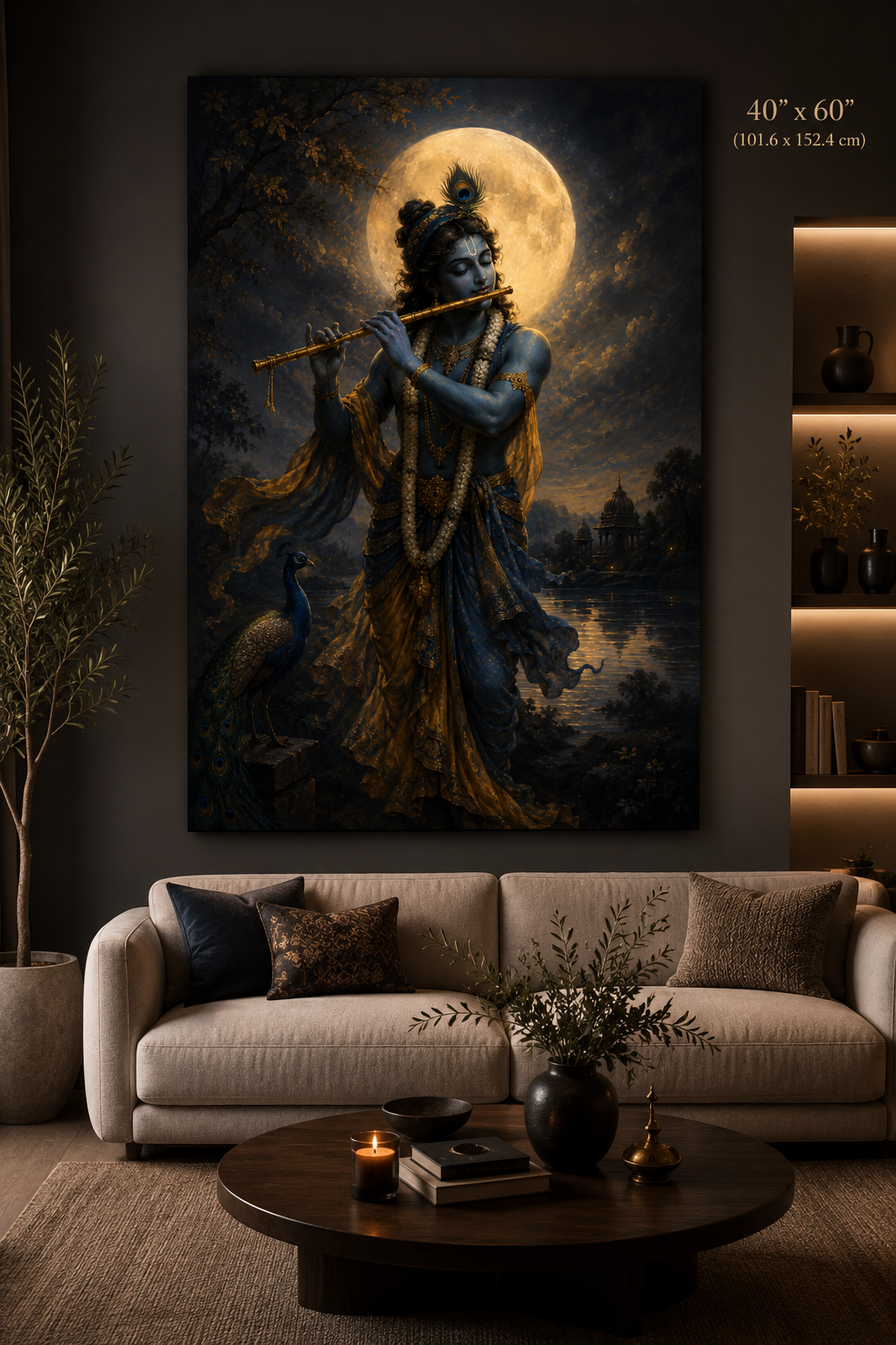 Large Krishna Canvas Wall Art, Moonlight Krishna Painting, Spiritual Hindu Canvas Print, Luxury Meditation Room Decor