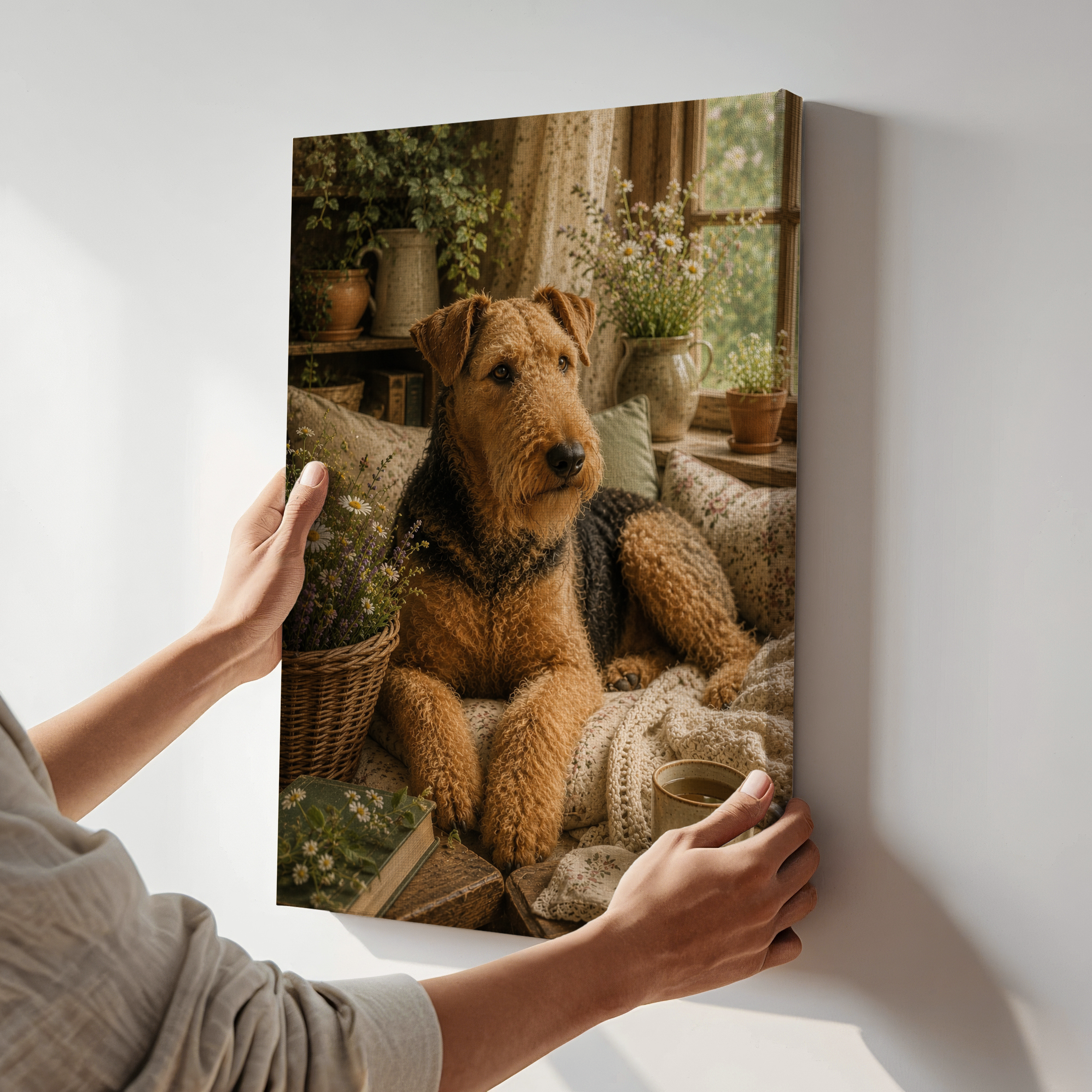 Airedale Terrier Cottagecore Wall Art | Cozy Rustic Dog Portrait Poster or Canvas