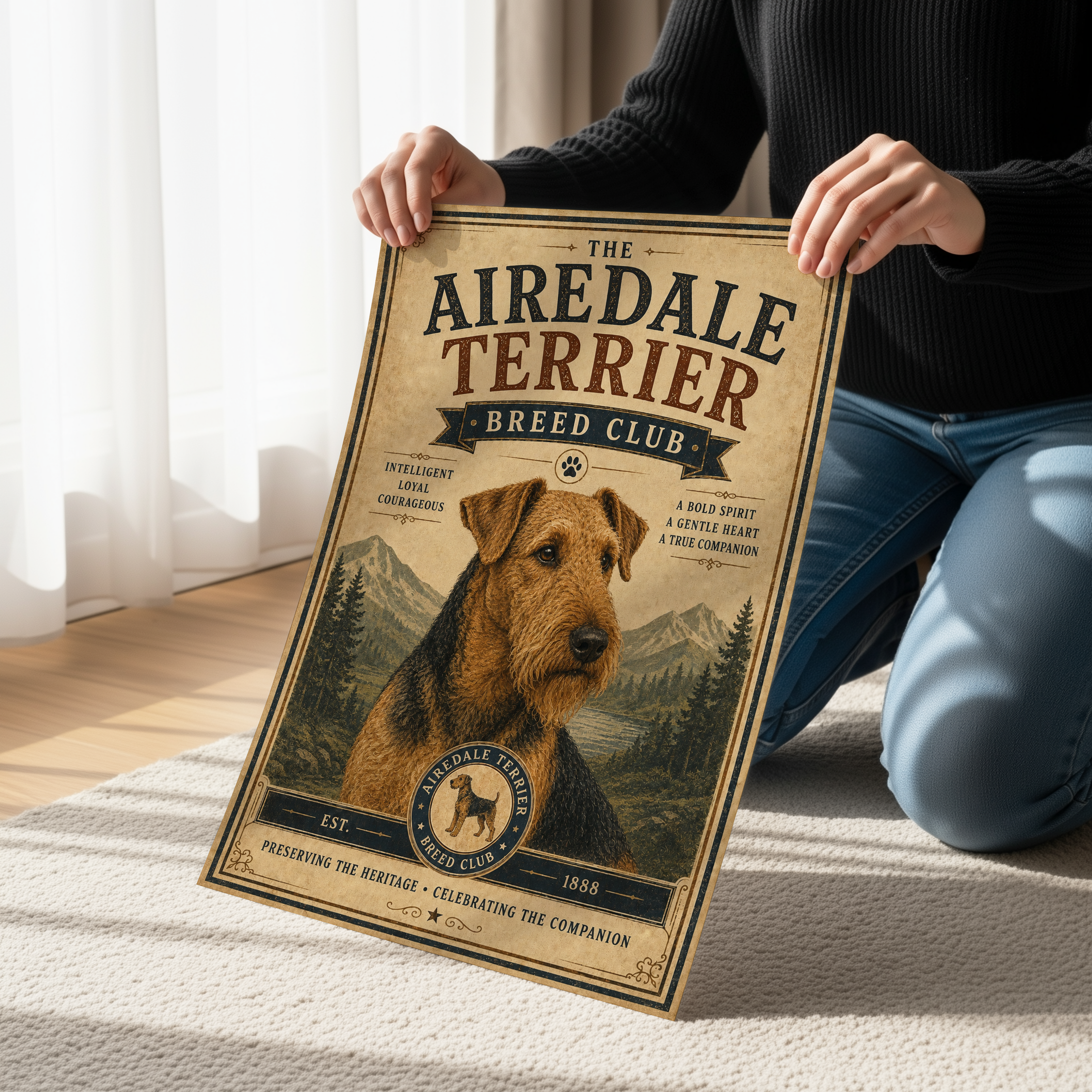 Vintage Airedale Terrier Wall Art | Rustic Dog Breed Wall Art Canvas or Poster Print