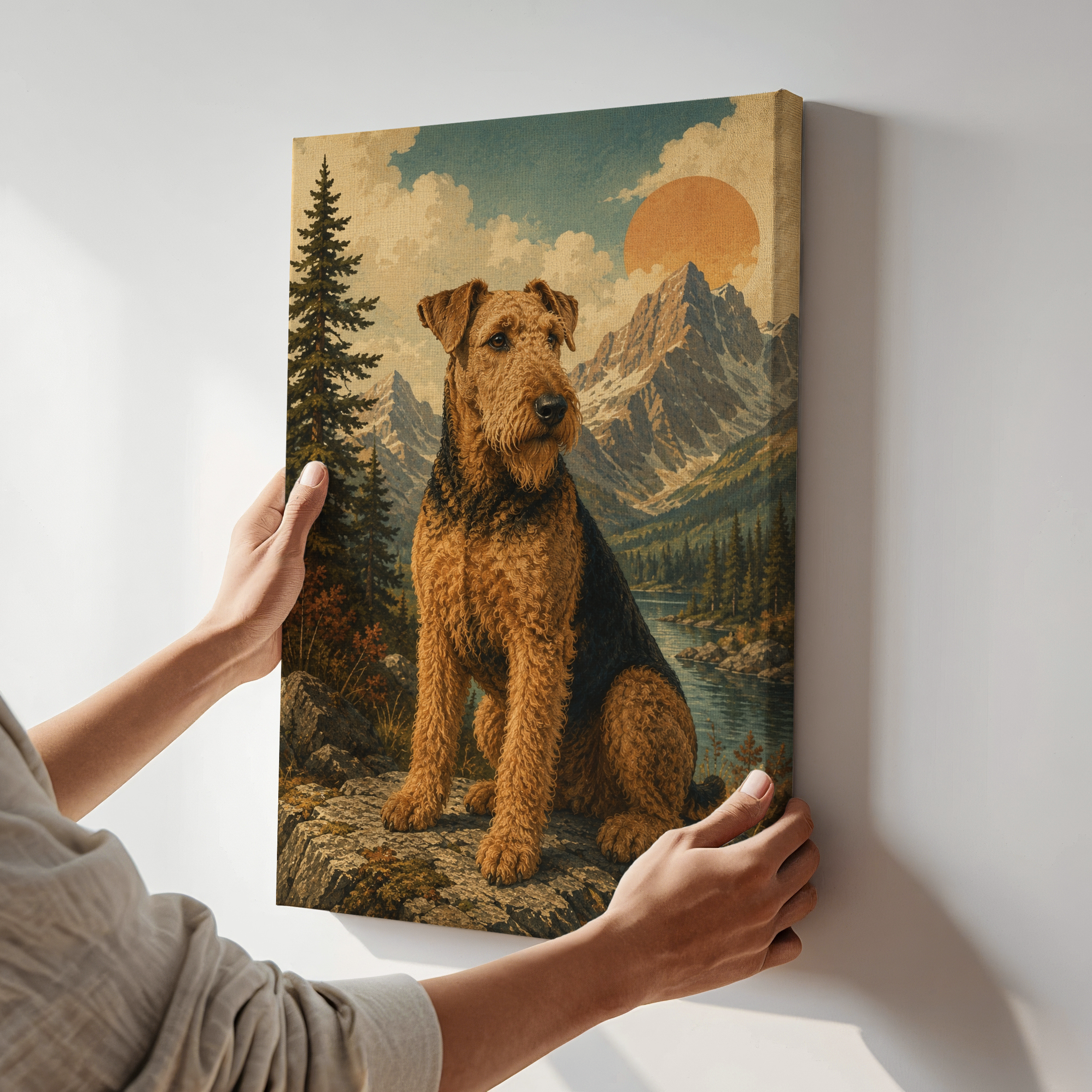 Retro Mountain Airedale Terrier Wall Art | Vintage Nature Dog Canvas or Poster Print