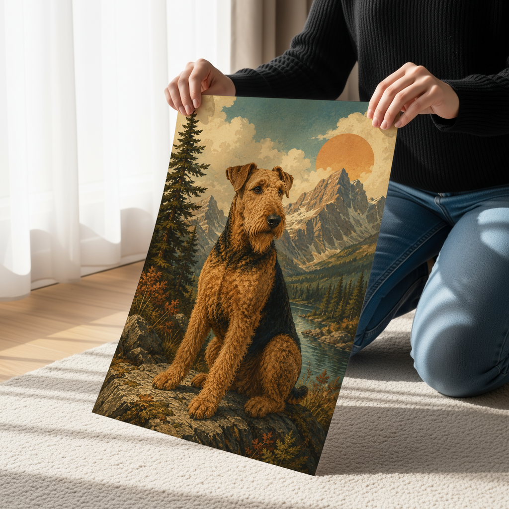 Retro Mountain Airedale Terrier Wall Art | Vintage Nature Dog Canvas or Poster Print