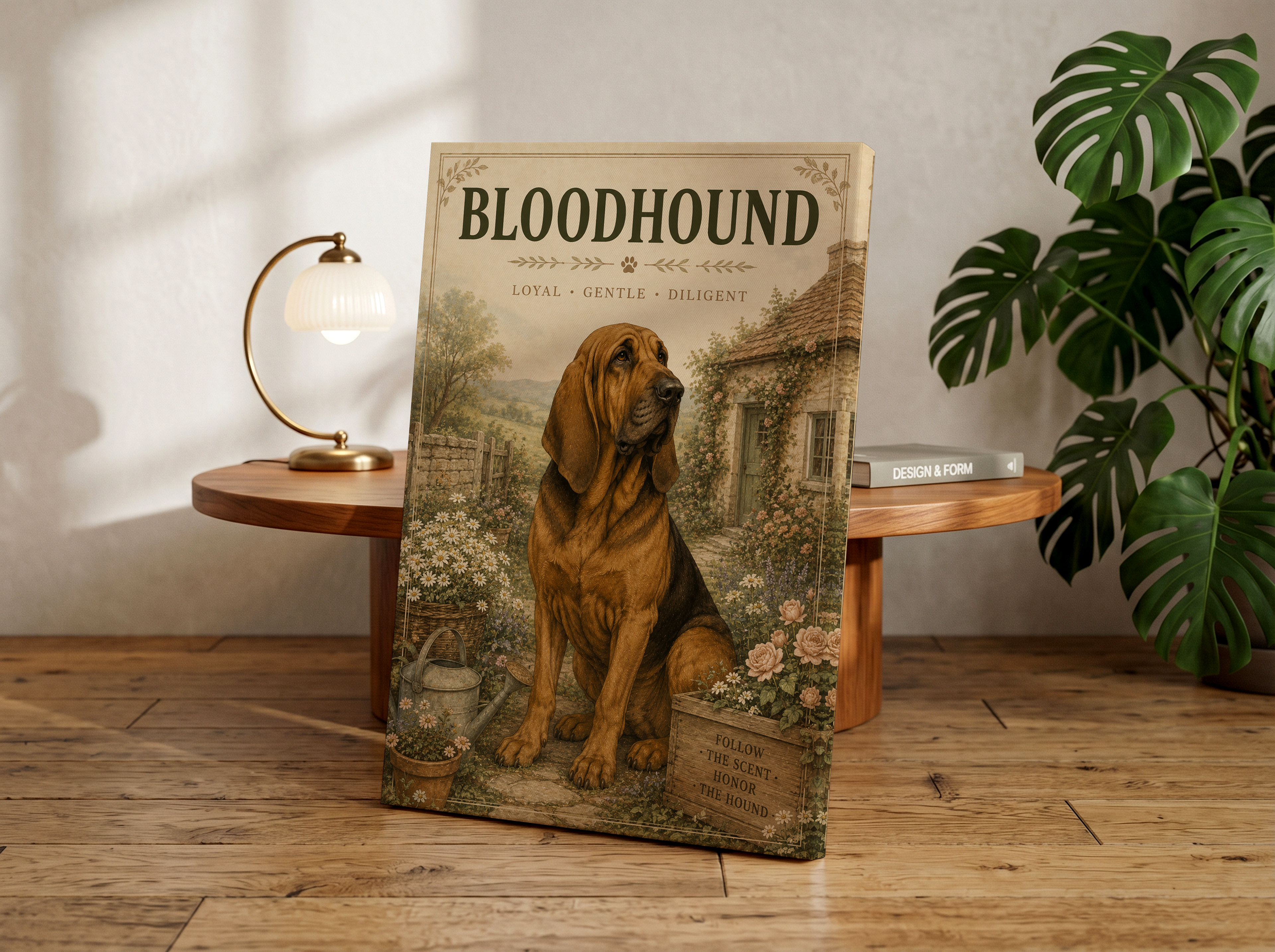 Bloodhound Cottagecore Wall Art | Rustic Dog Canvas & Poster Print