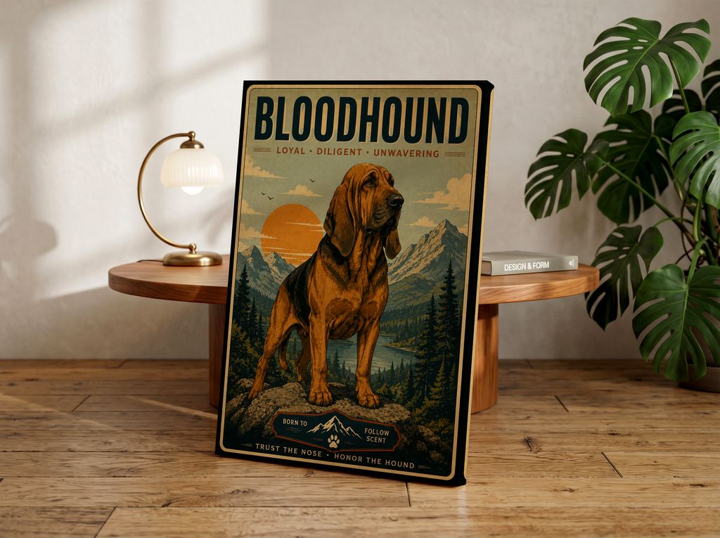 Retro Bloodhound Wall Art | Vintage Mountain Dog Canvas or Poster