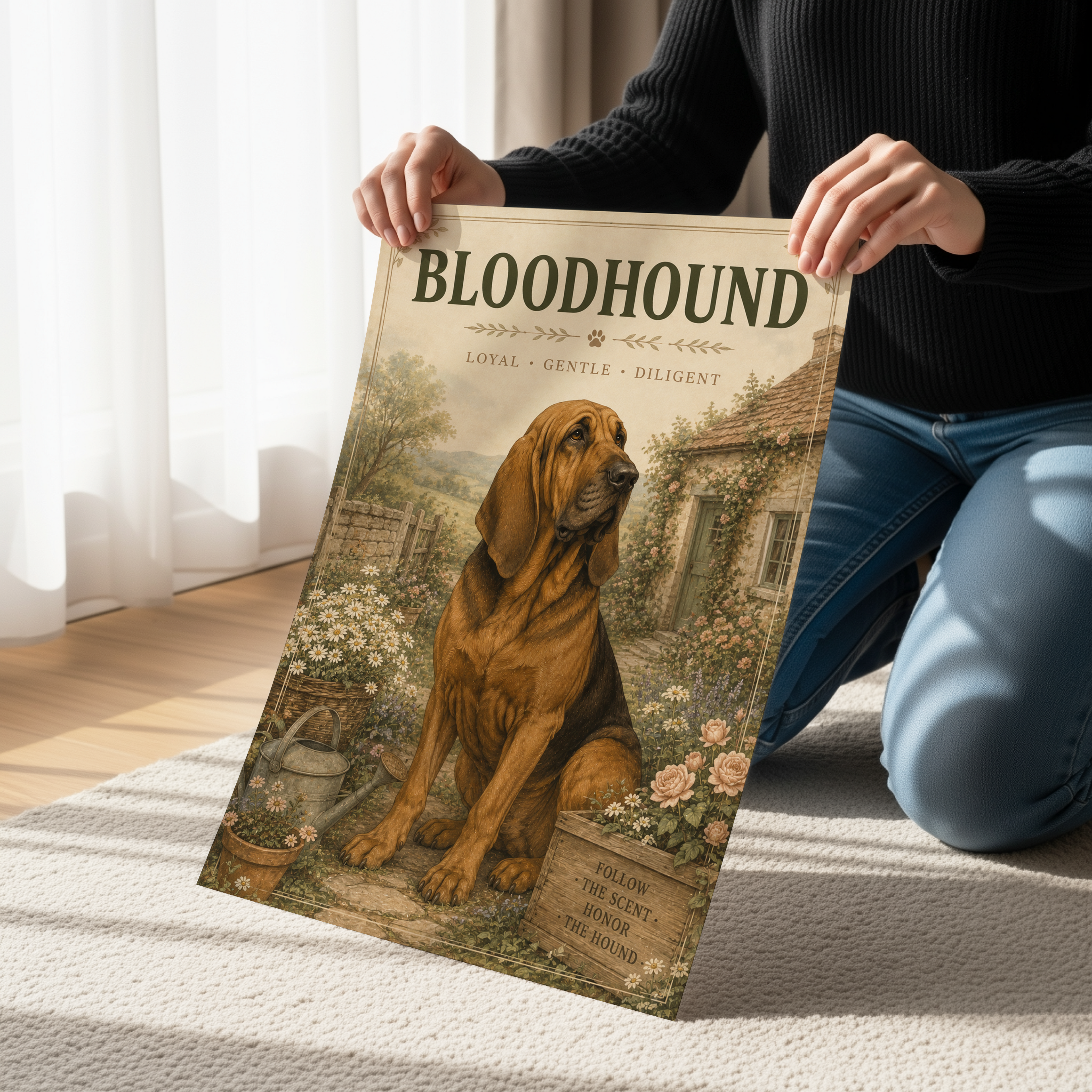 Bloodhound Cottagecore Wall Art | Rustic Dog Canvas & Poster Print