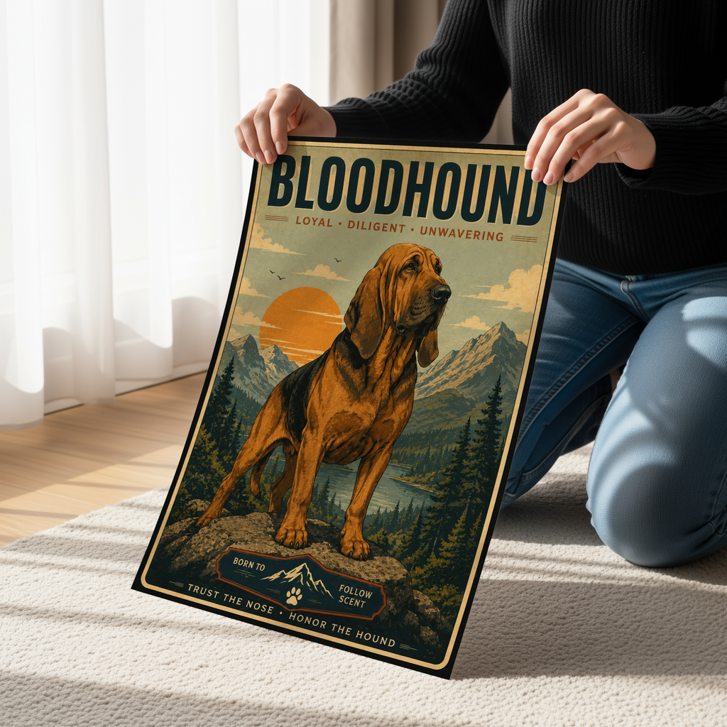 Retro Bloodhound Wall Art | Vintage Mountain Dog Canvas or Poster
