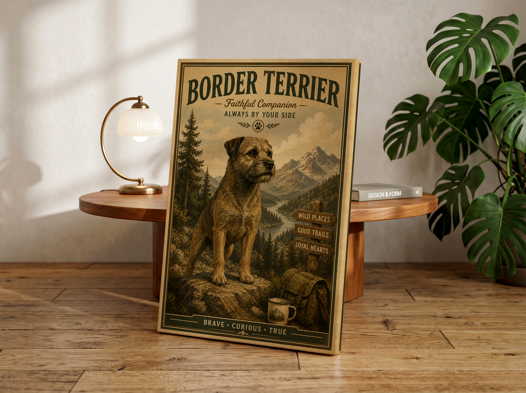 Border Terrier Adventure Poster & Canvas | Rustic Mountain Dog Wall Art