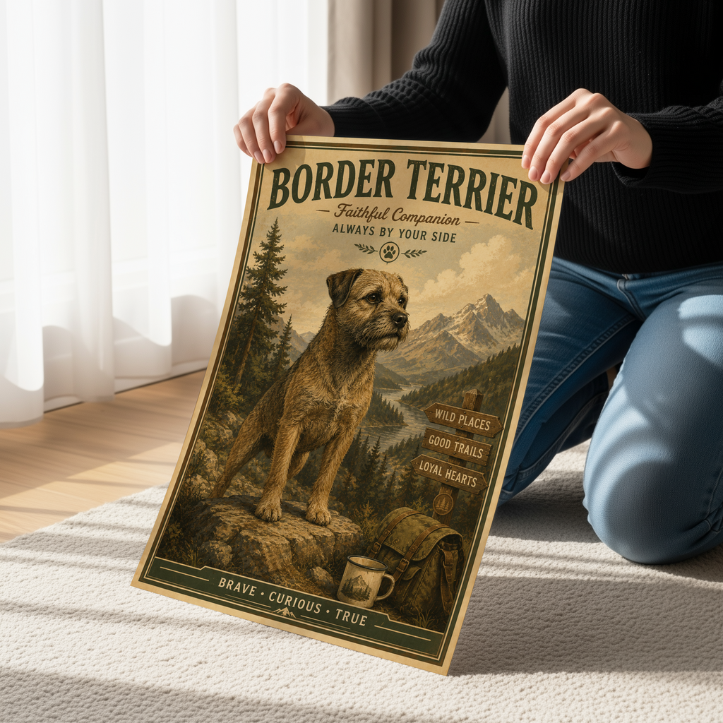 Border Terrier Adventure Poster & Canvas | Rustic Mountain Dog Wall Art