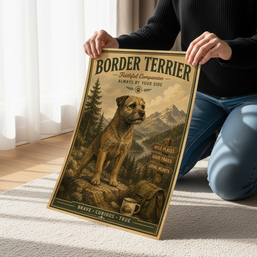 Border Terrier Adventure Poster & Canvas | Rustic Mountain Dog Wall Art