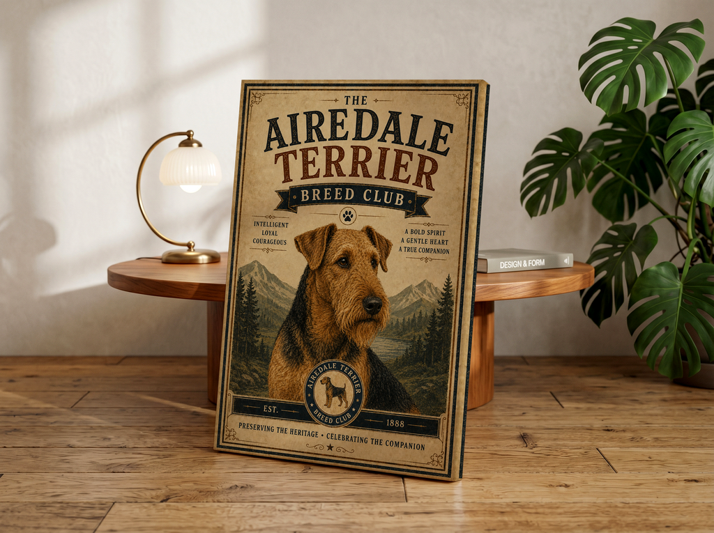 Vintage Airedale Terrier Wall Art | Rustic Dog Breed Wall Art Canvas or Poster Print