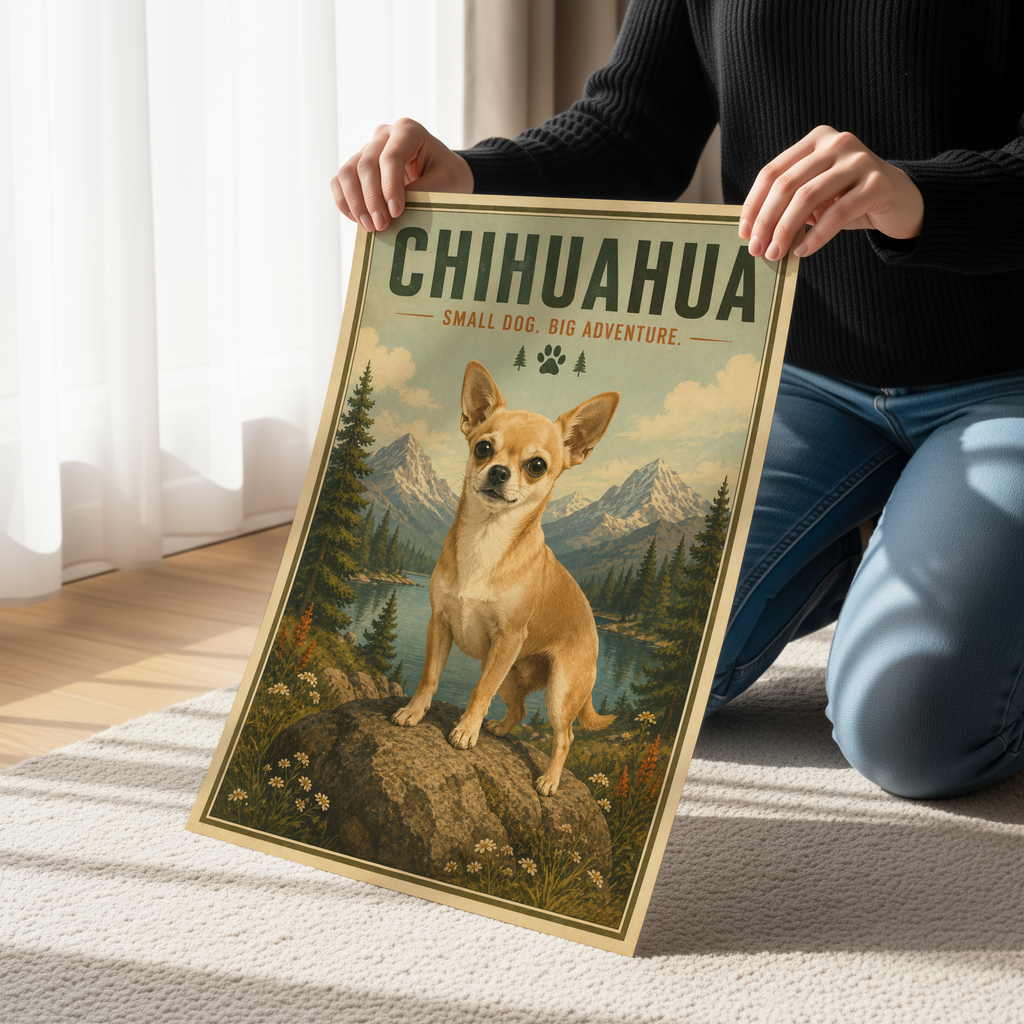 Chihuahua Poster & Canvas Wall Art | Vintage Adventure Chihuahua Dog Print