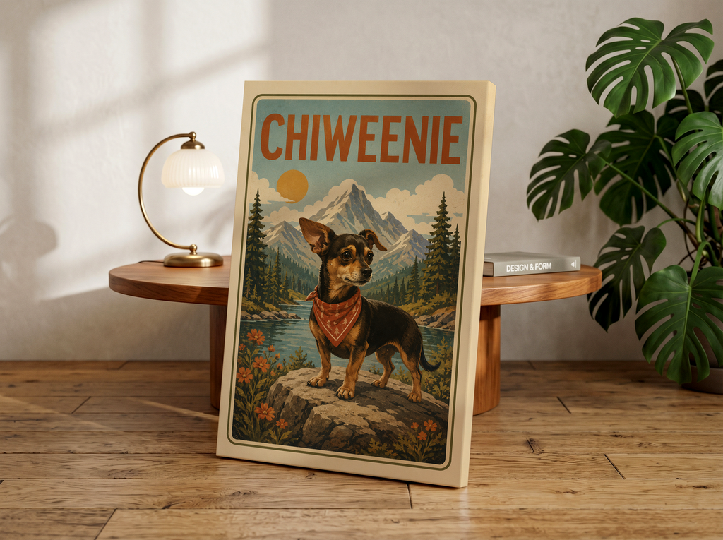 Chiweenie Poster & Canvas Wall Art | Vintage Adventure Chiweenie Dog Print
