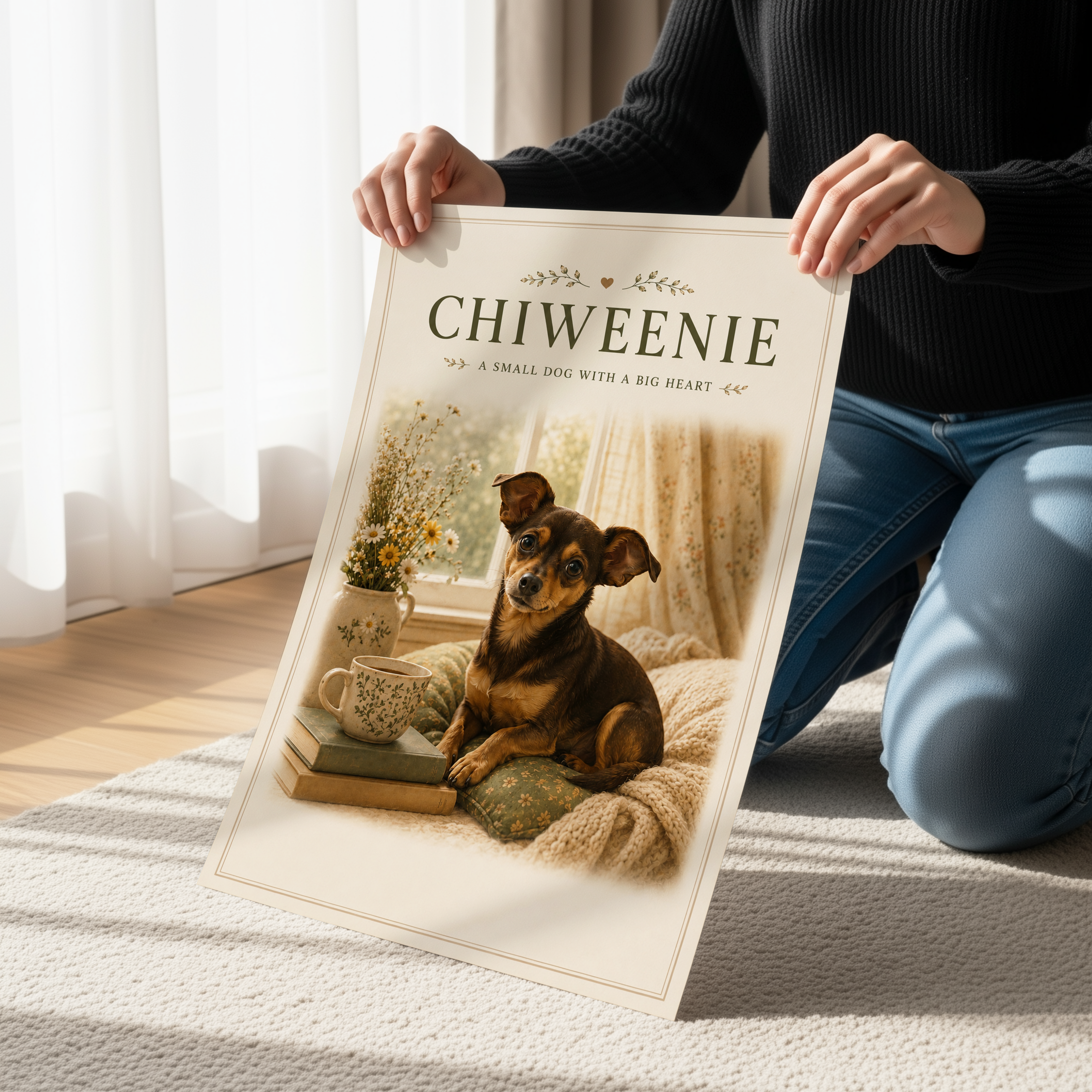 Chiweenie Poster & Canvas Wall Art | Cozy Cottagecore Chiweenie Dog Print
