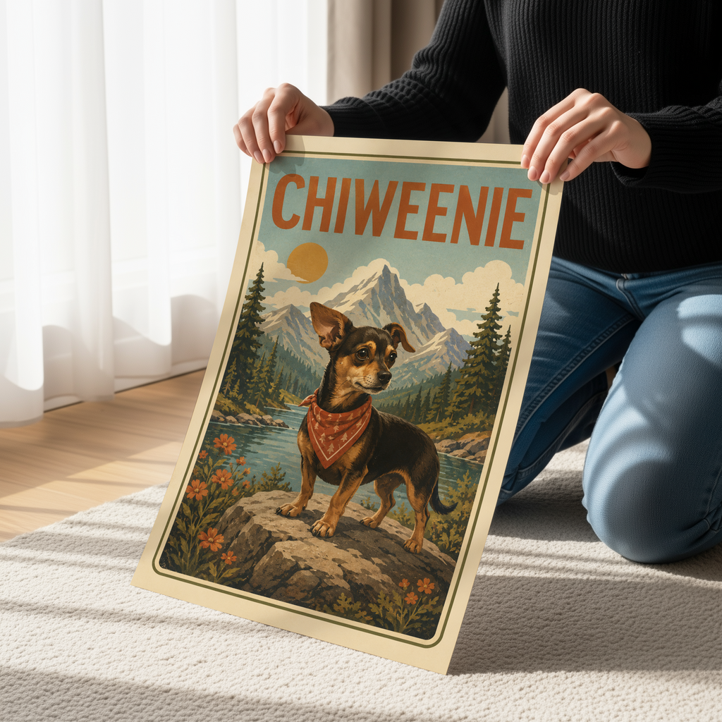 Chiweenie Poster & Canvas Wall Art | Vintage Adventure Chiweenie Dog Print