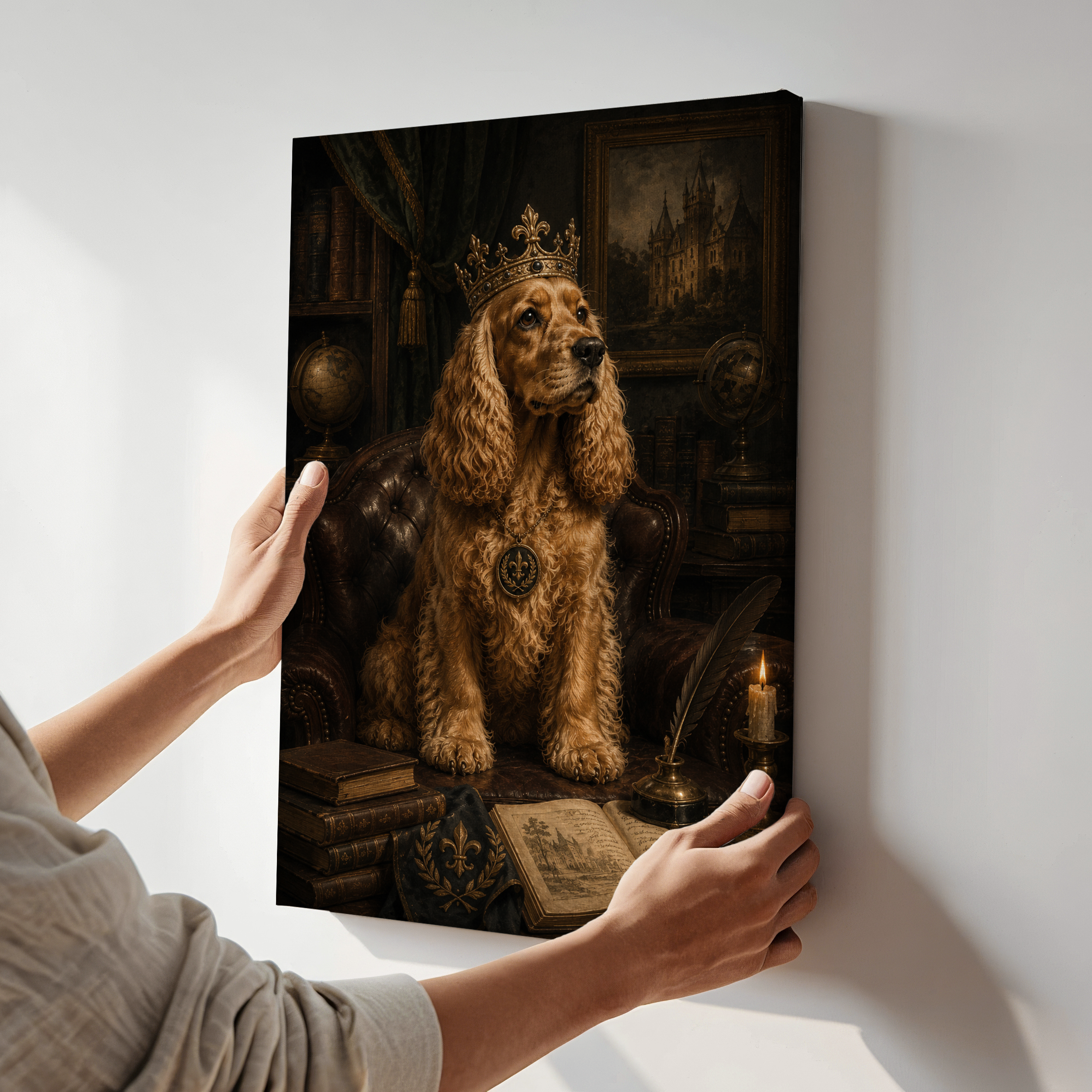 Royal Cocker Spaniel Wall Art Print, Dark Academia Dog Poster or Canvas, Vintage Regal Pet Portrait, Gothic Library Decor, Antique Style Dog Art