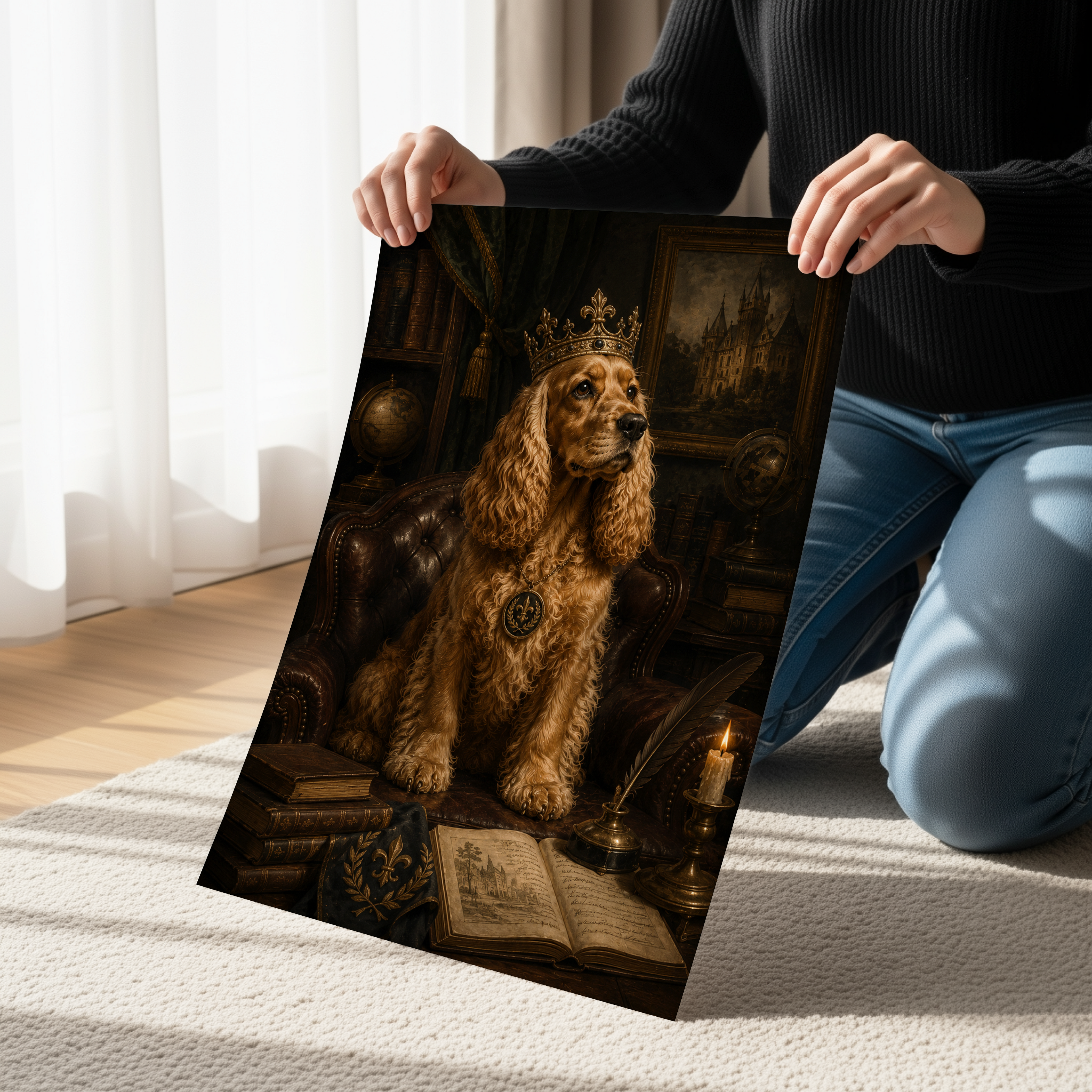 Royal Cocker Spaniel Wall Art Print, Dark Academia Dog Poster or Canvas, Vintage Regal Pet Portrait, Gothic Library Decor, Antique Style Dog Art