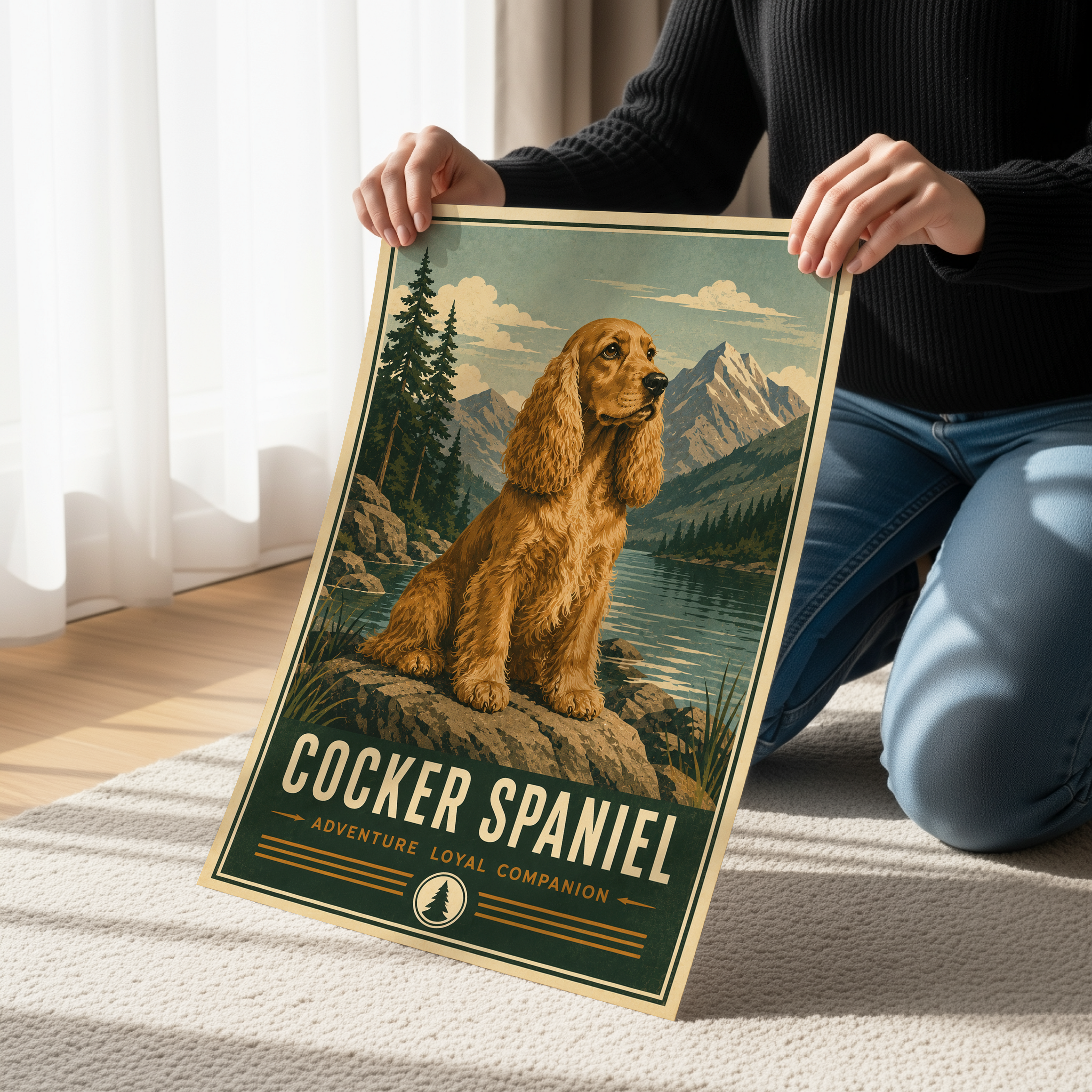 Retro Cocker Spaniel Adventure Poster or Canvas, Vintage Mountain Dog Wall Art, Rustic Outdoor Pet Print, National Park Style Dog Decor