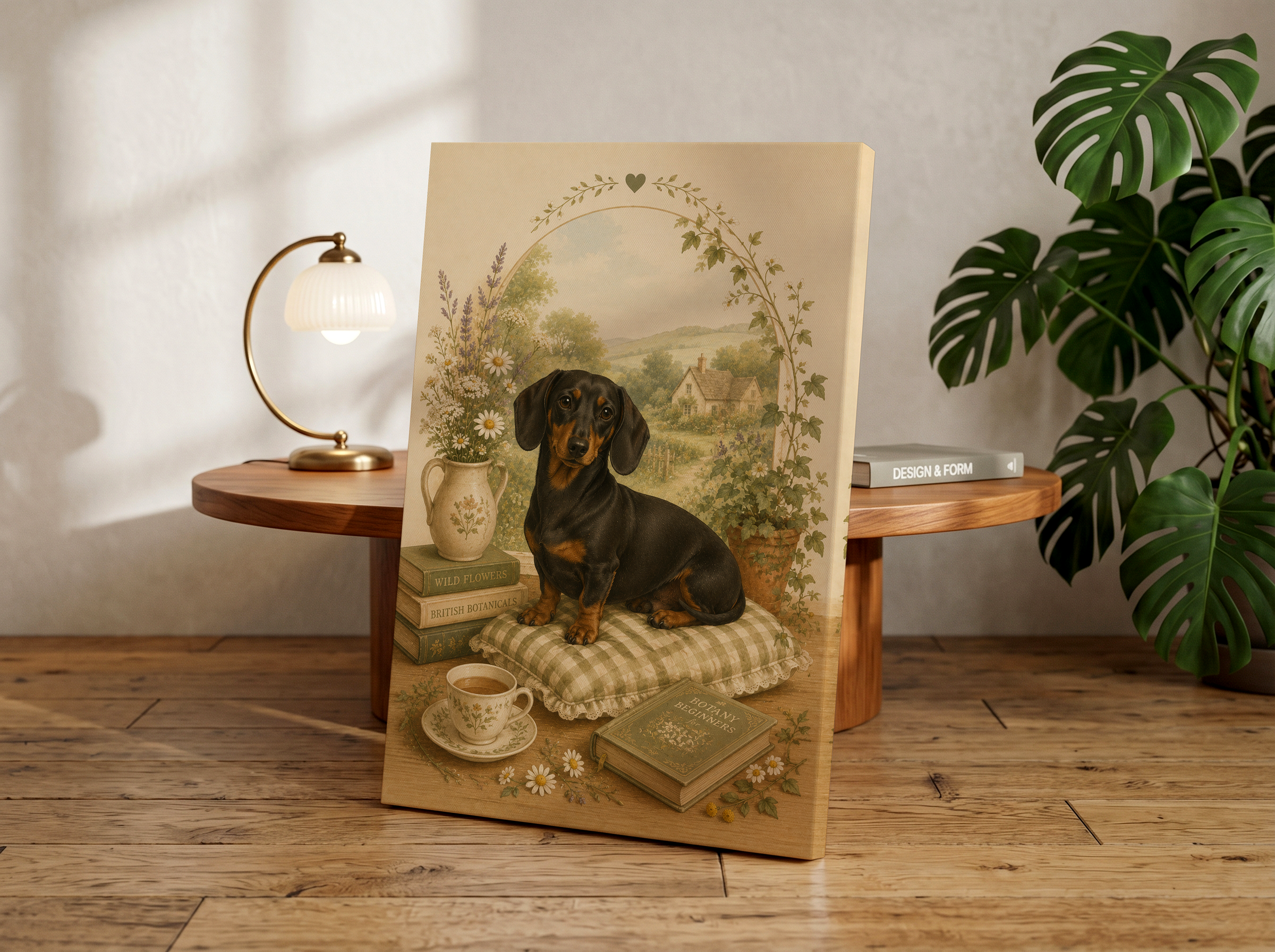 Cottagecore Dachshund Poster or Canvas, Vintage Sausage Dog Wall Art, Cozy Floral Pet Portrait Print, Rustic Cottage Dog Decor