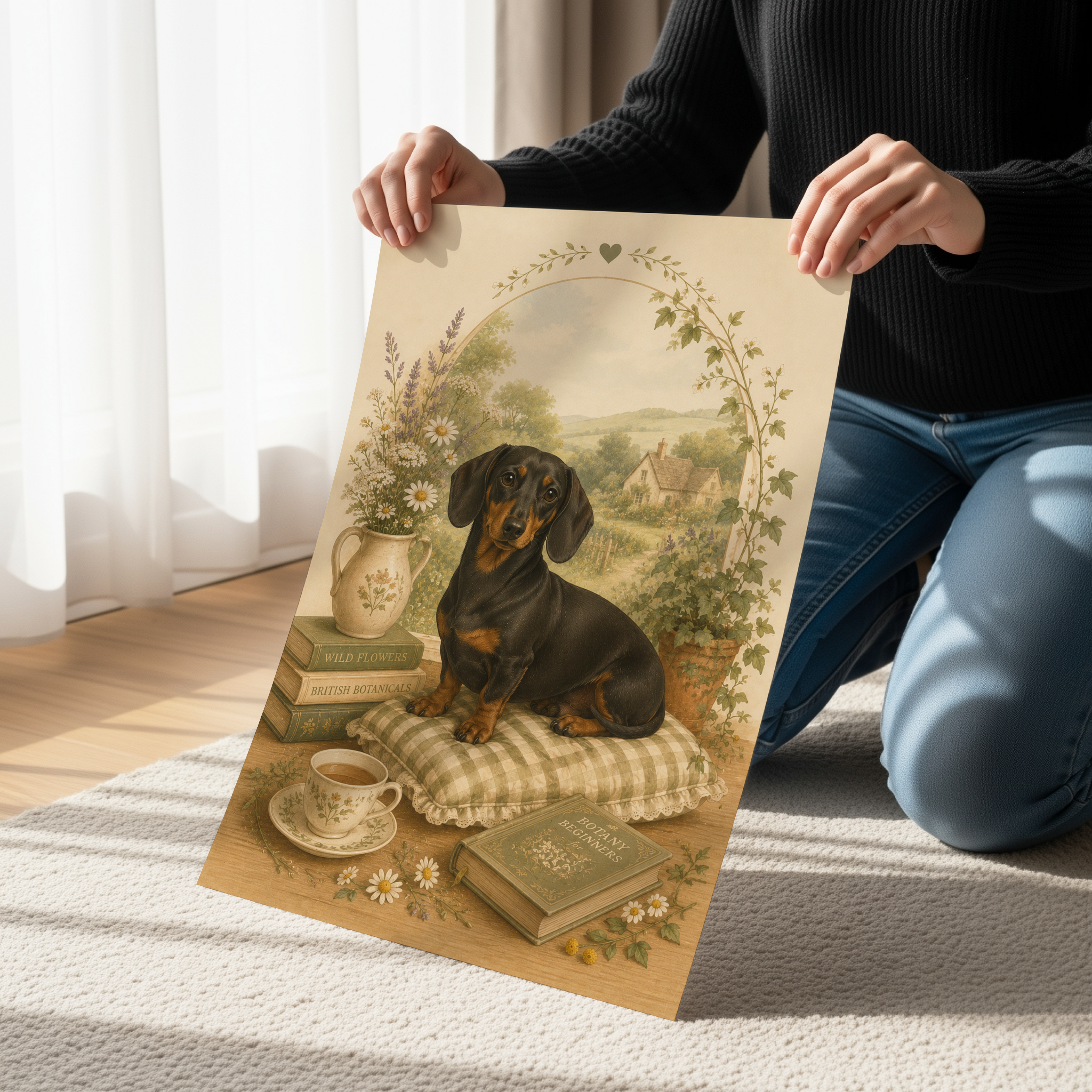 Cottagecore Dachshund Poster or Canvas, Vintage Sausage Dog Wall Art, Cozy Floral Pet Portrait Print, Rustic Cottage Dog Decor