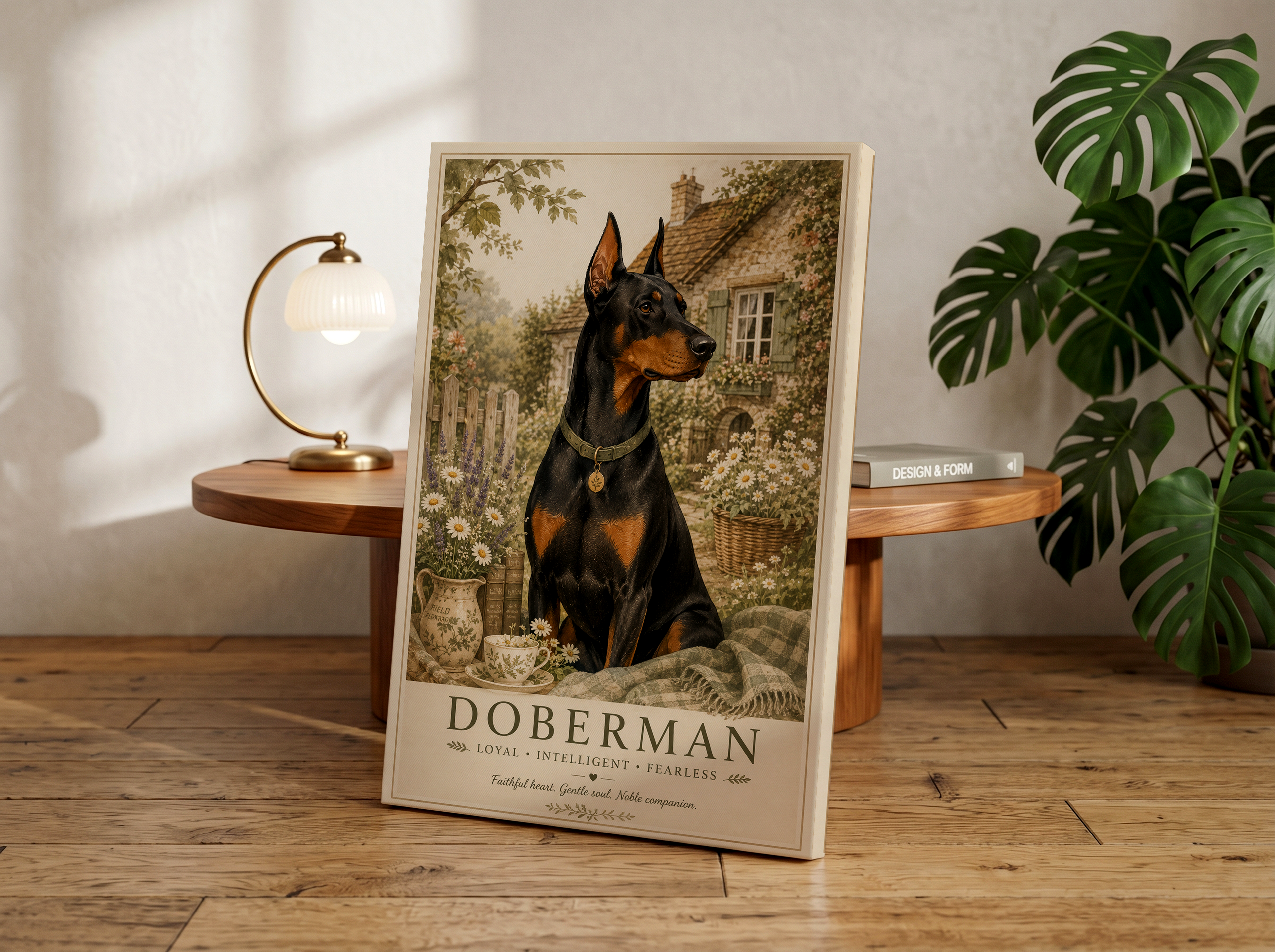 Cottagecore Doberman Poster or Canvas, Vintage Floral Dog Wall Art, Cozy Rustic Pet Portrait Print, Country Cottage Doberman Decor