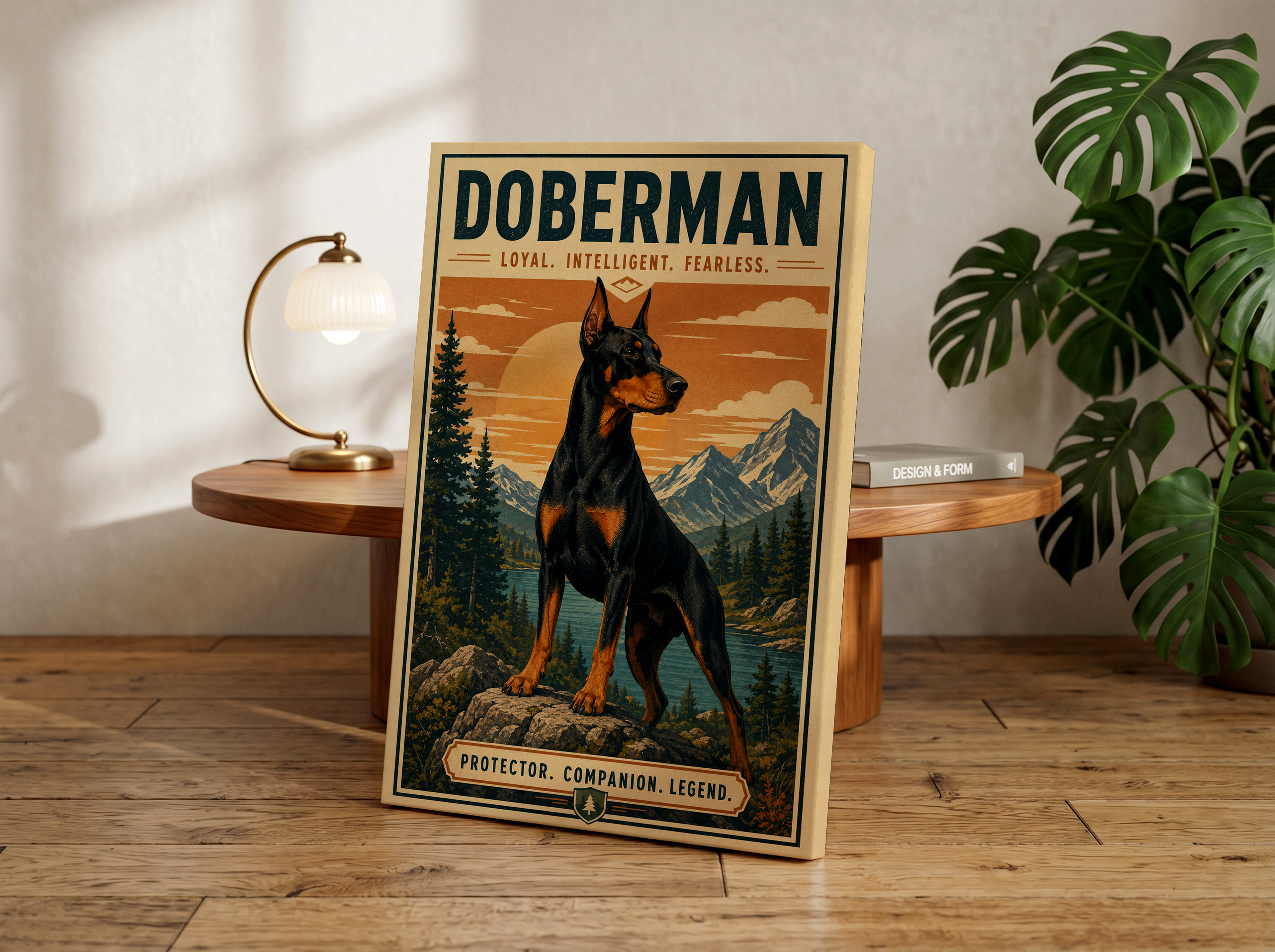 Retro Doberman Adventure Poster or Canvas, Vintage Mountain Dog Wall Art, Rustic Outdoor Pet Print, National Park Style Doberman Decor