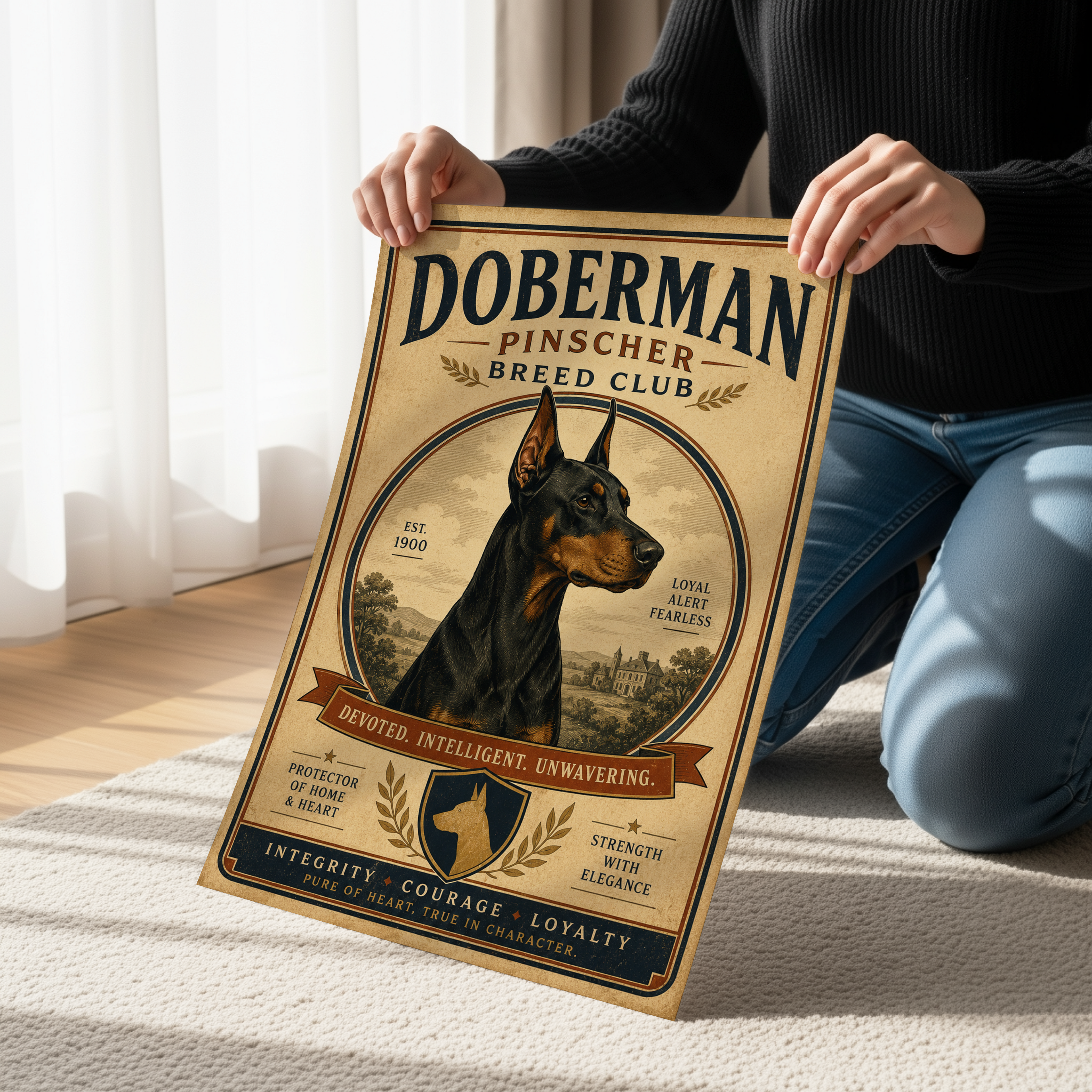 Vintage Doberman Pinscher Breed Club Poster or Canvas, Antique Dog Wall Art, Classic Doberman Portrait Print, Rustic Victorian Pet Decor
