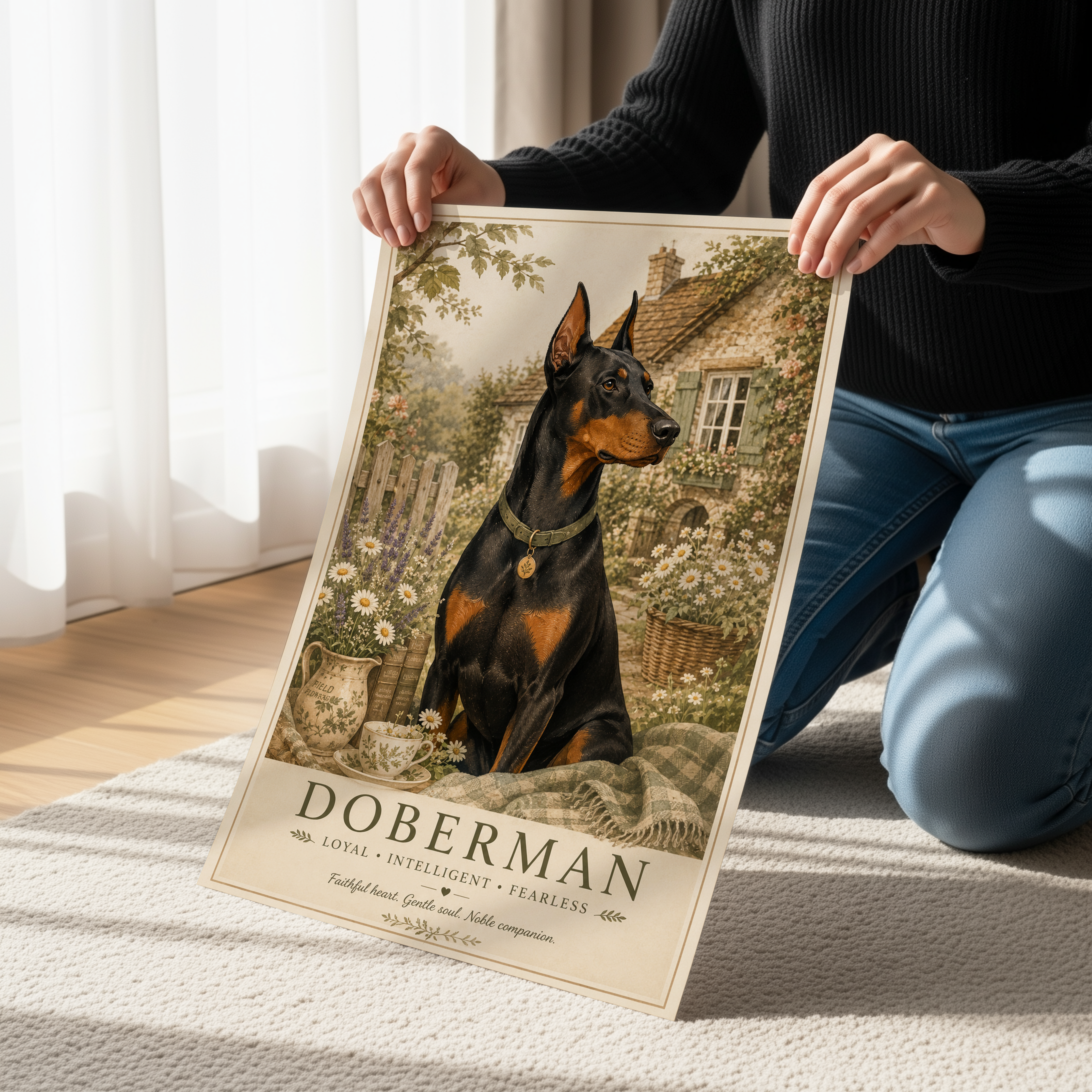 Cottagecore Doberman Poster or Canvas, Vintage Floral Dog Wall Art, Cozy Rustic Pet Portrait Print, Country Cottage Doberman Decor