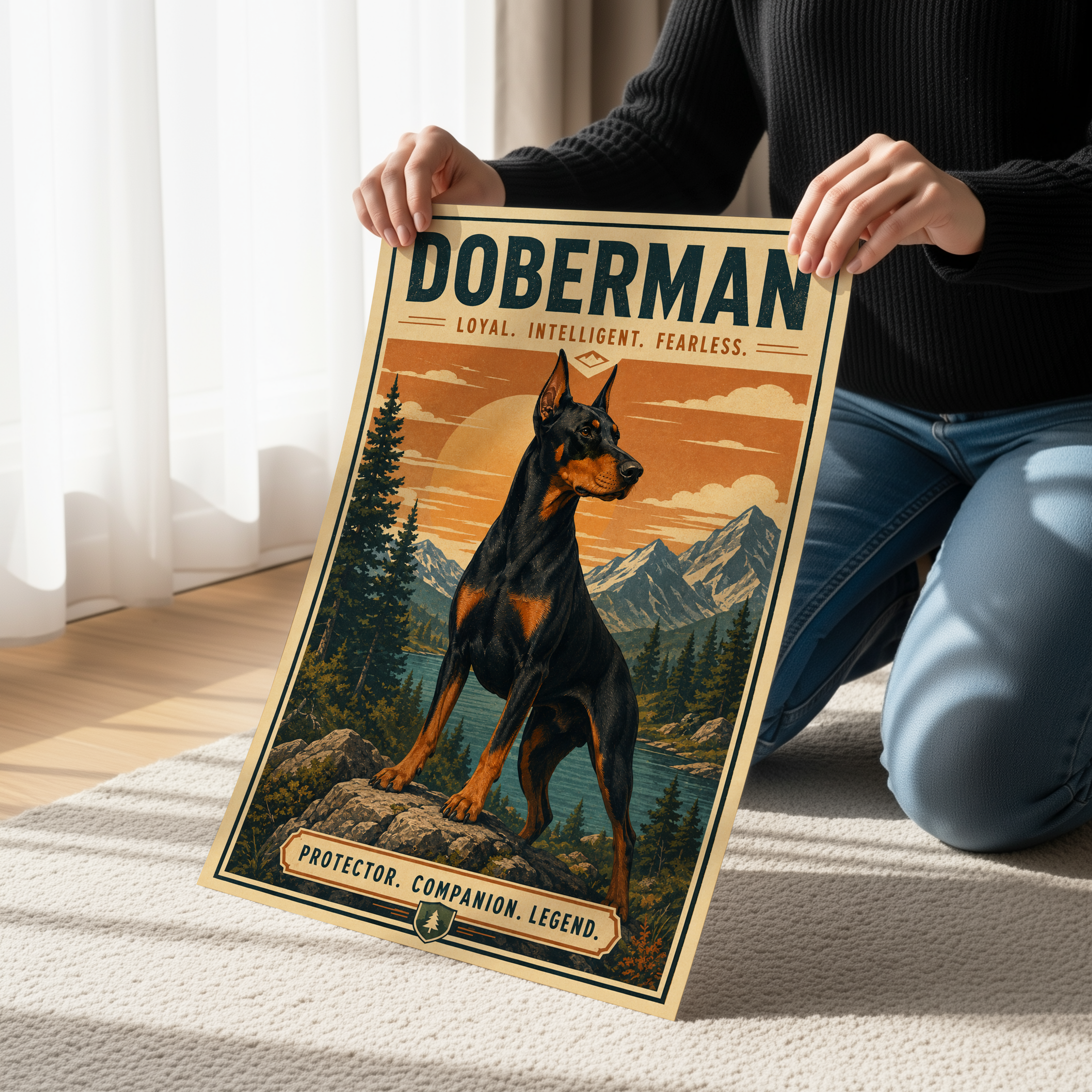 Retro Doberman Adventure Poster or Canvas, Vintage Mountain Dog Wall Art, Rustic Outdoor Pet Print, National Park Style Doberman Decor
