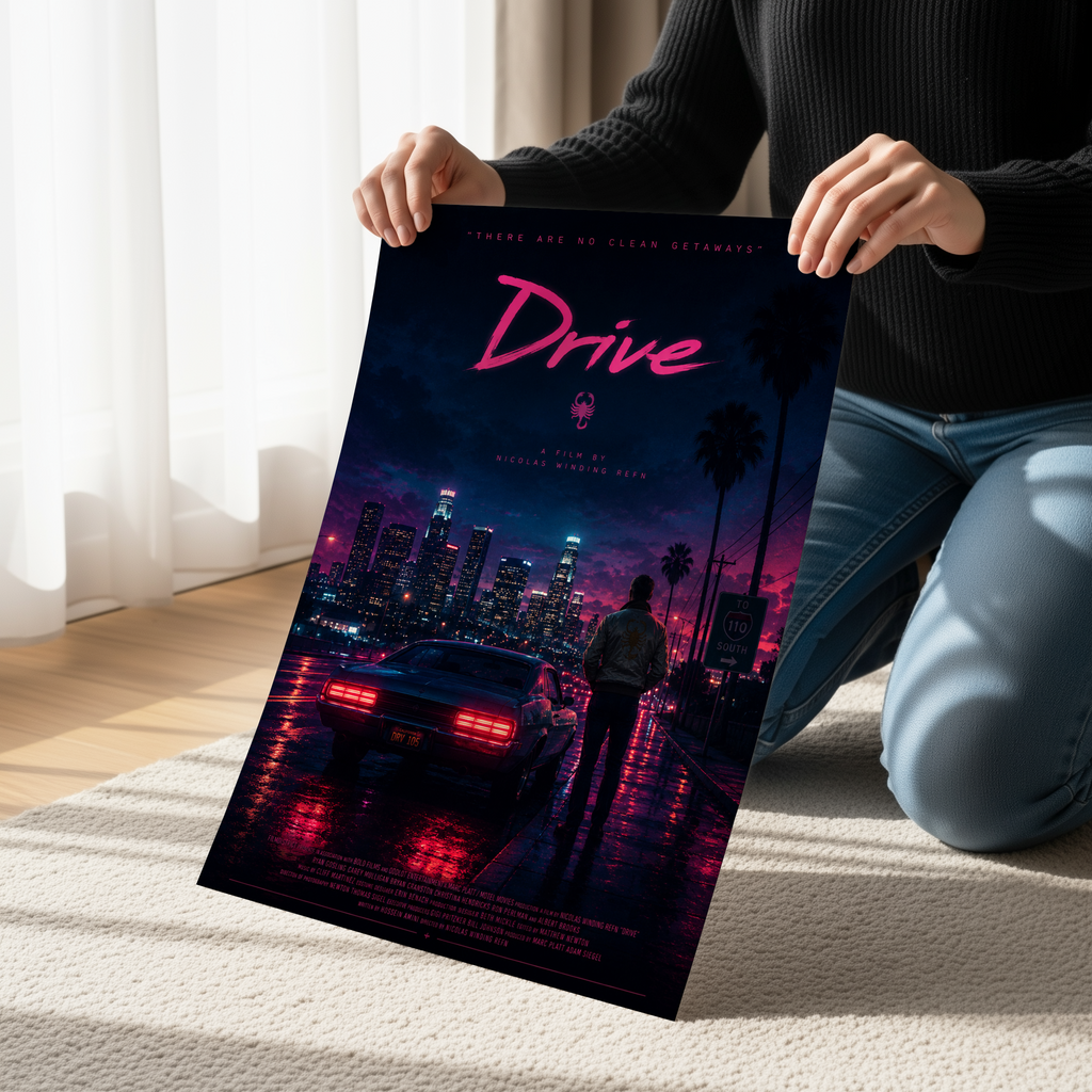 Drive Movie Poster or Canvas, Neon Neo Noir Wall Art, Retro Synthwave Film Print, Cyberpunk Car Decor for Gamers and Movie Fans