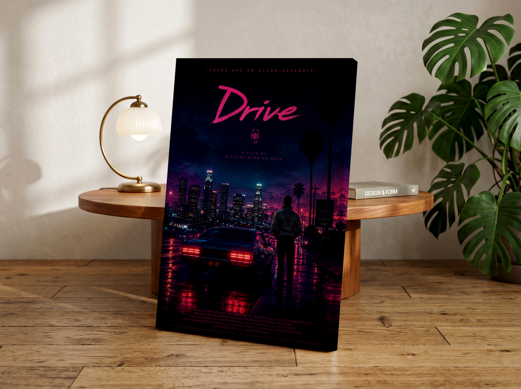 Drive Movie Poster or Canvas, Neon Neo Noir Wall Art, Retro Synthwave Film Print, Cyberpunk Car Decor for Gamers and Movie Fans