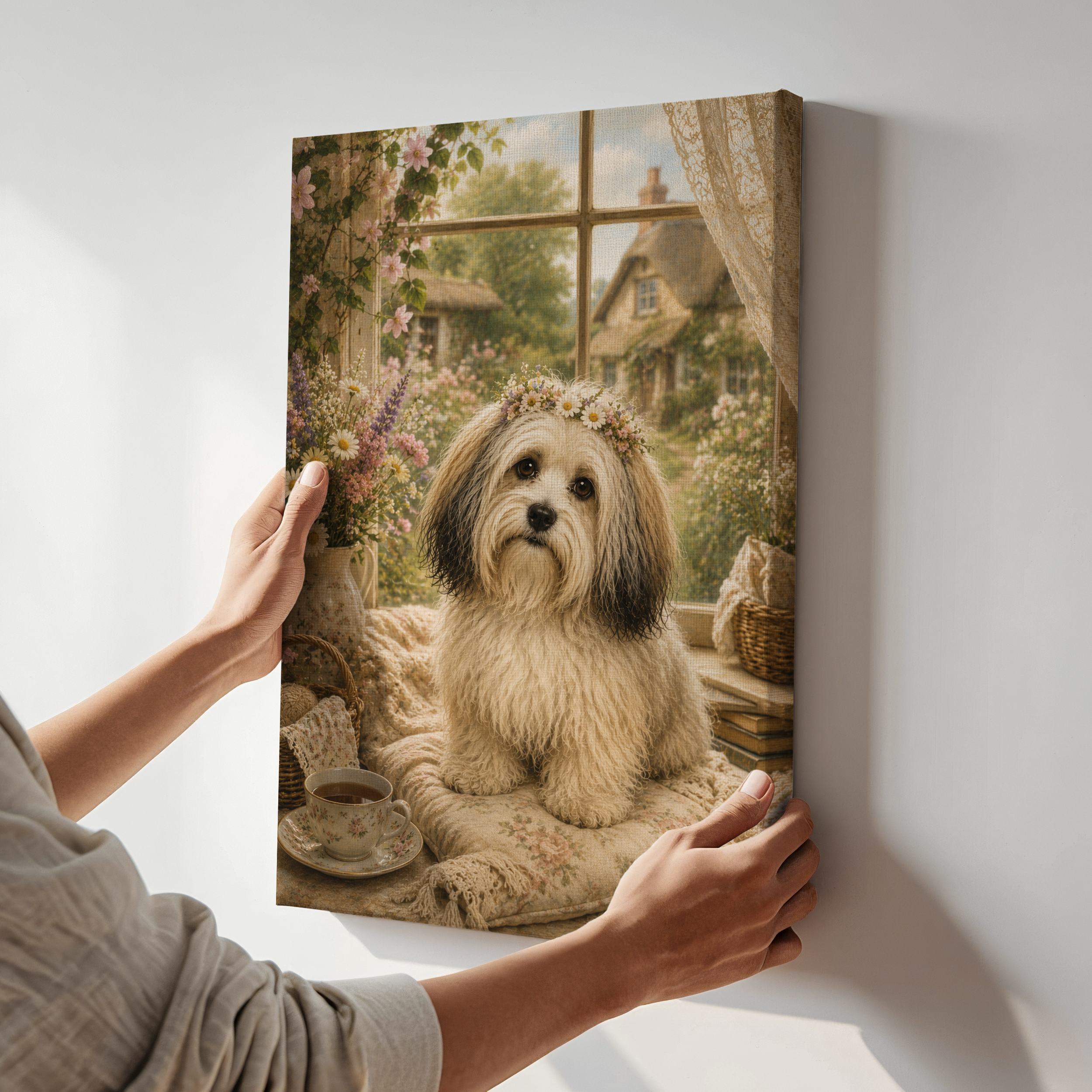 Havanese Poster or Canvas, Cottagecore Dog Wall Art, Floral Havanese Print, Vintage Cozy Cottage Decor, Shabby Chic Pet Artwork