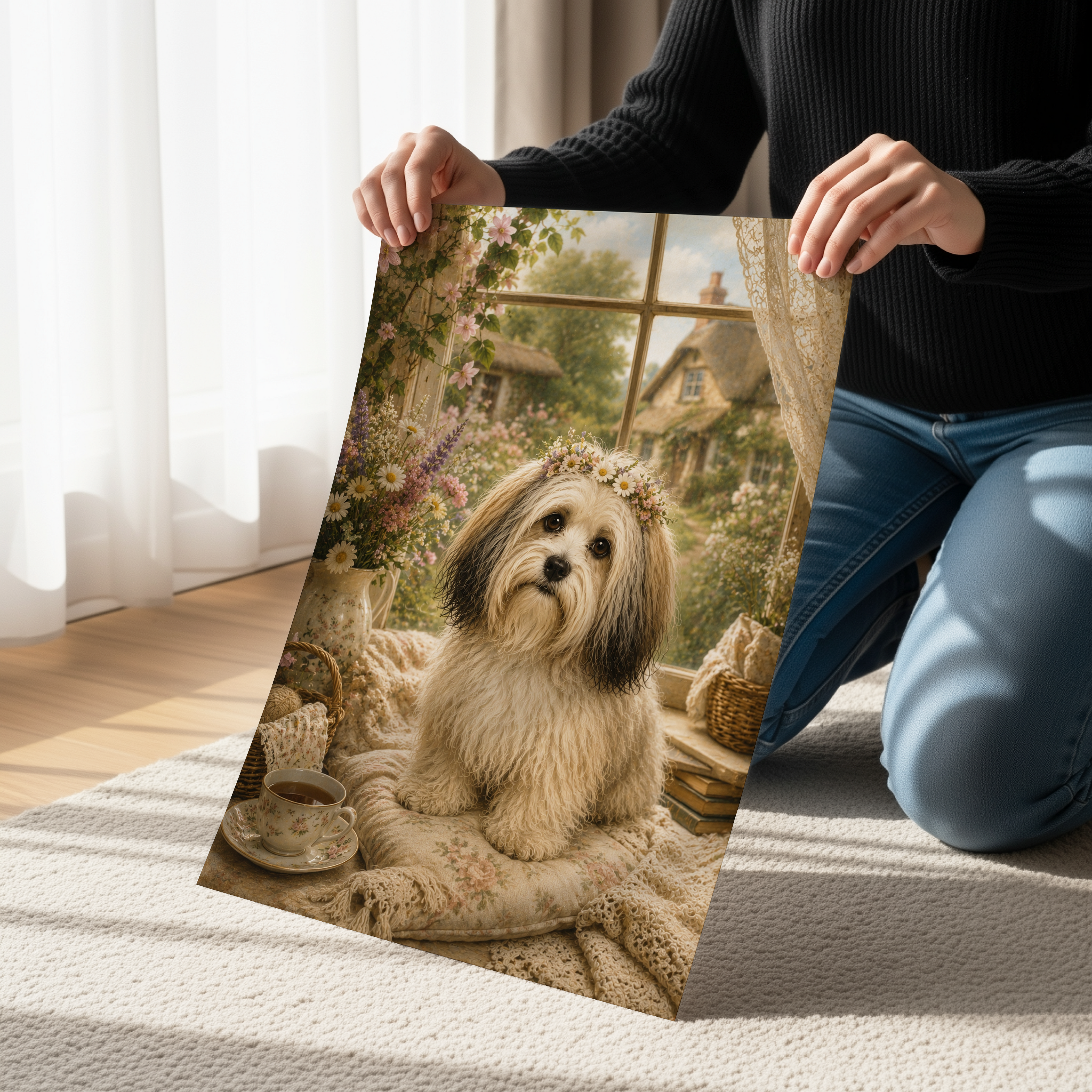 Havanese Poster or Canvas, Cottagecore Dog Wall Art, Floral Havanese Print, Vintage Cozy Cottage Decor, Shabby Chic Pet Artwork