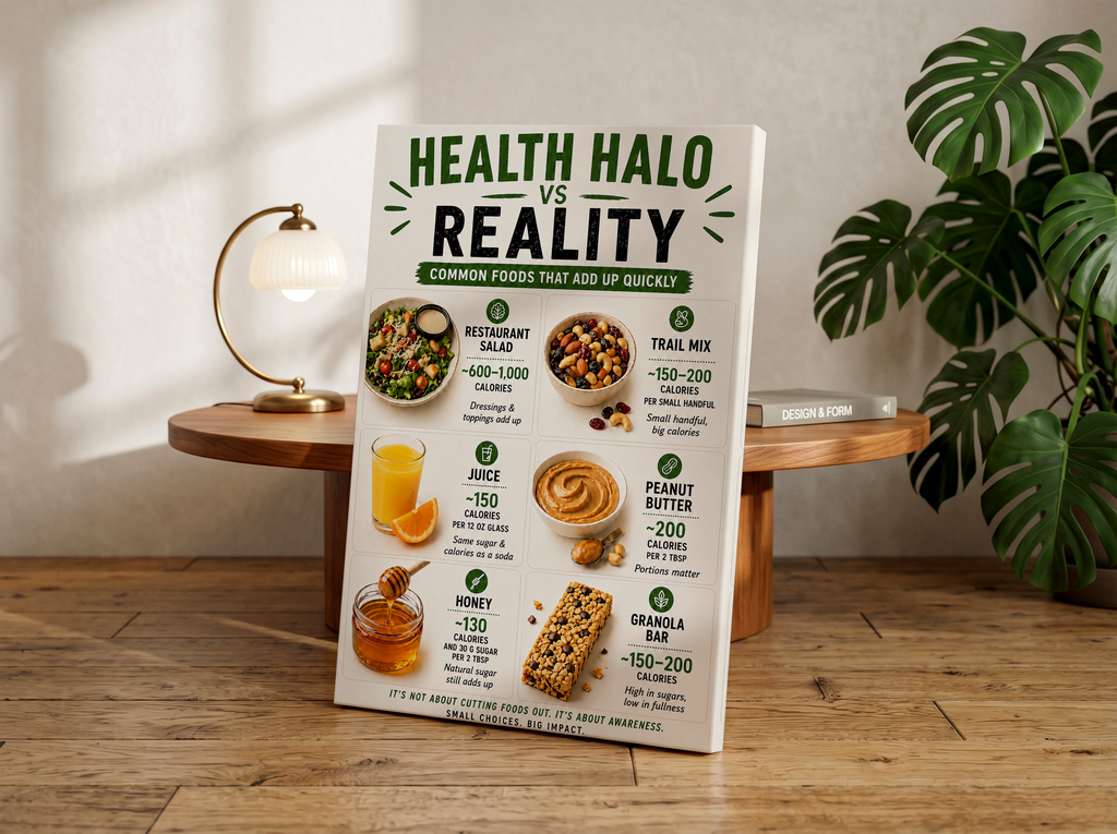 Health Halo vs Reality Poster or Canvas, Nutrition Infographic Wall Art, Healthy Eating Education Print, Dietitian Office Decor, Wellness Kitchen Artwork