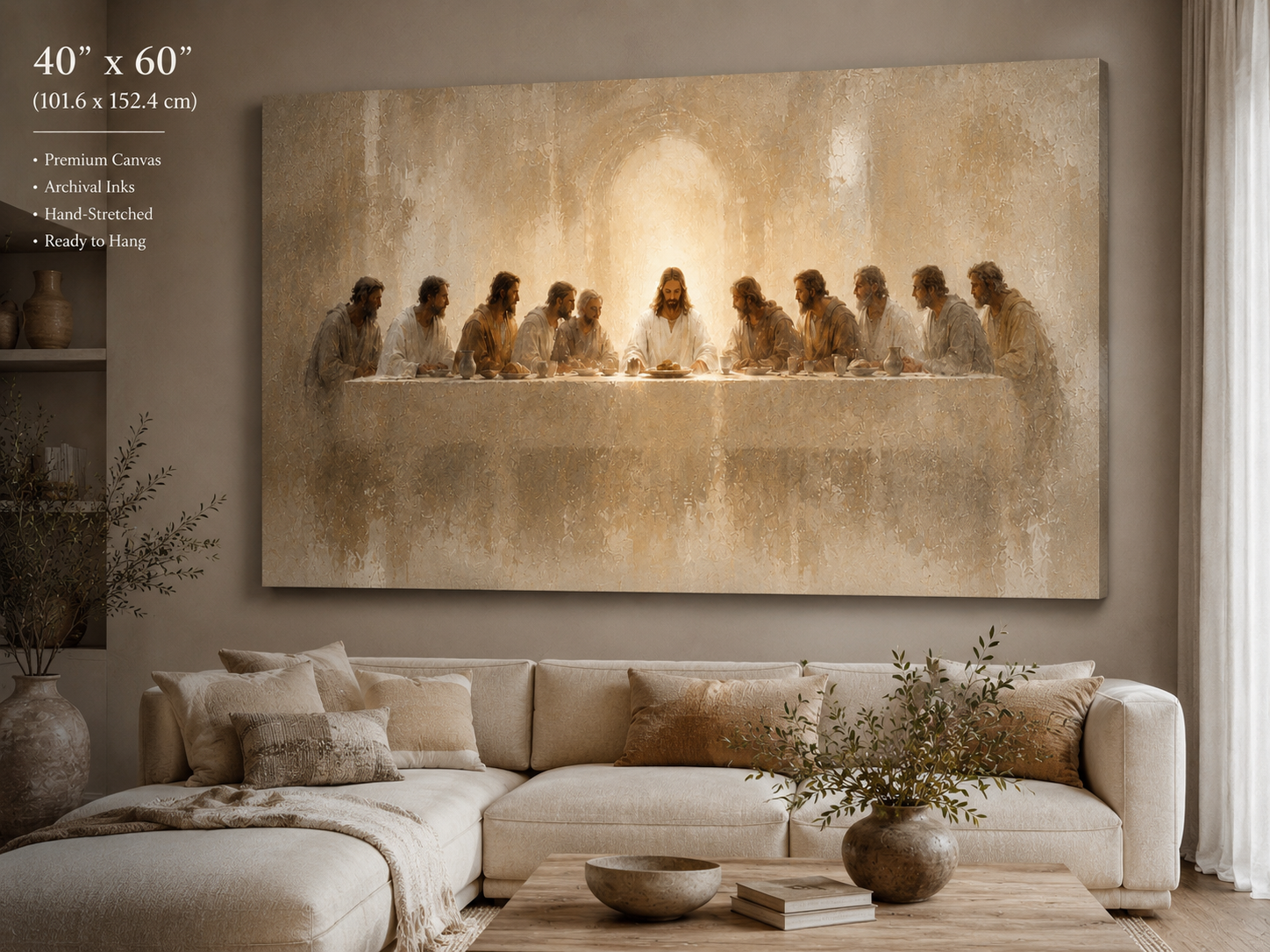 Large Last Supper Canvas, Modern Christian Wall Art, Neutral Jesus Painting, Minimalist Religious Decor for Living Room