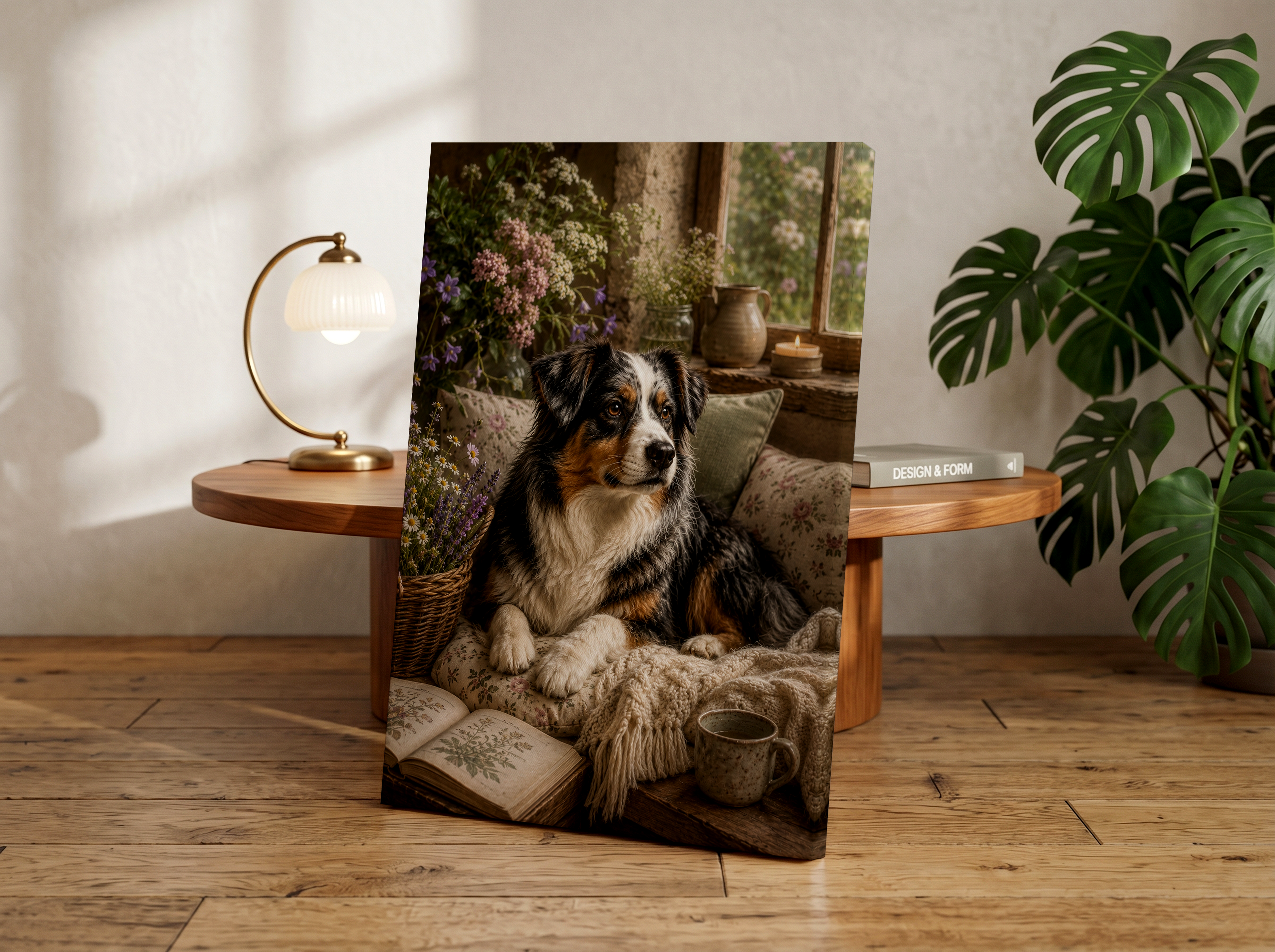 Mini Australian Shepherd Poster or Canvas, Cottagecore Dog Wall Art, Cozy Rustic Aussie Decor, Floral Farmhouse Pet Print
