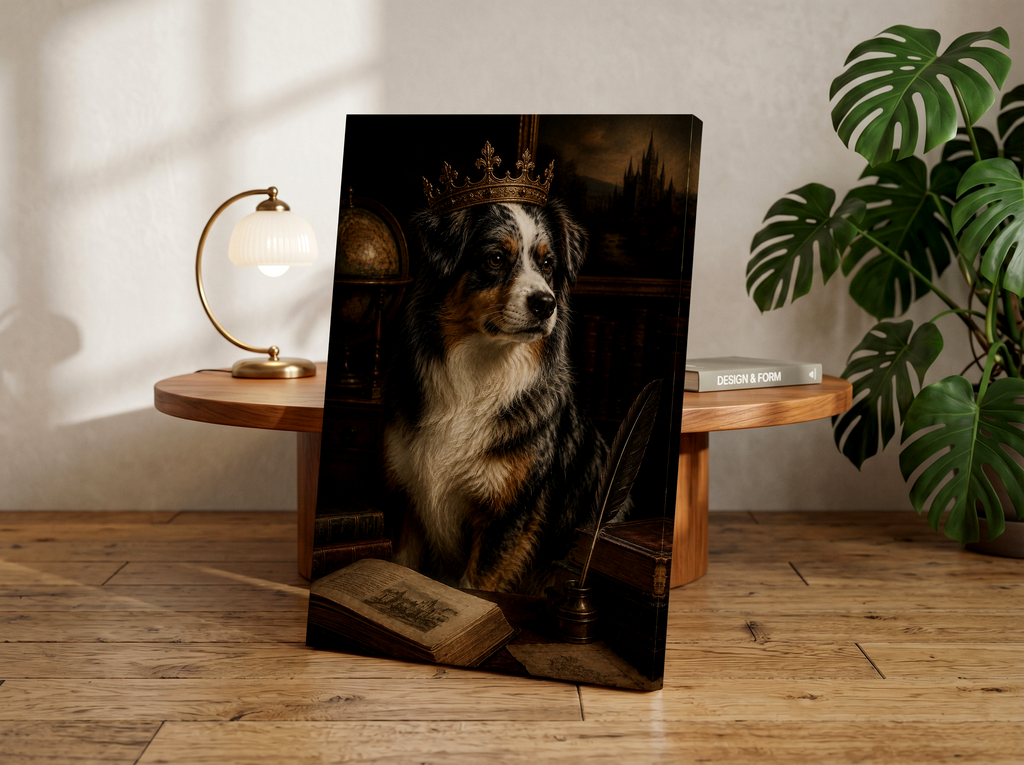 Mini Australian Shepherd Poster or Canvas, Dark Academia Dog Wall Art, Regal Aussie Portrait, Gothic Library Pet Decor