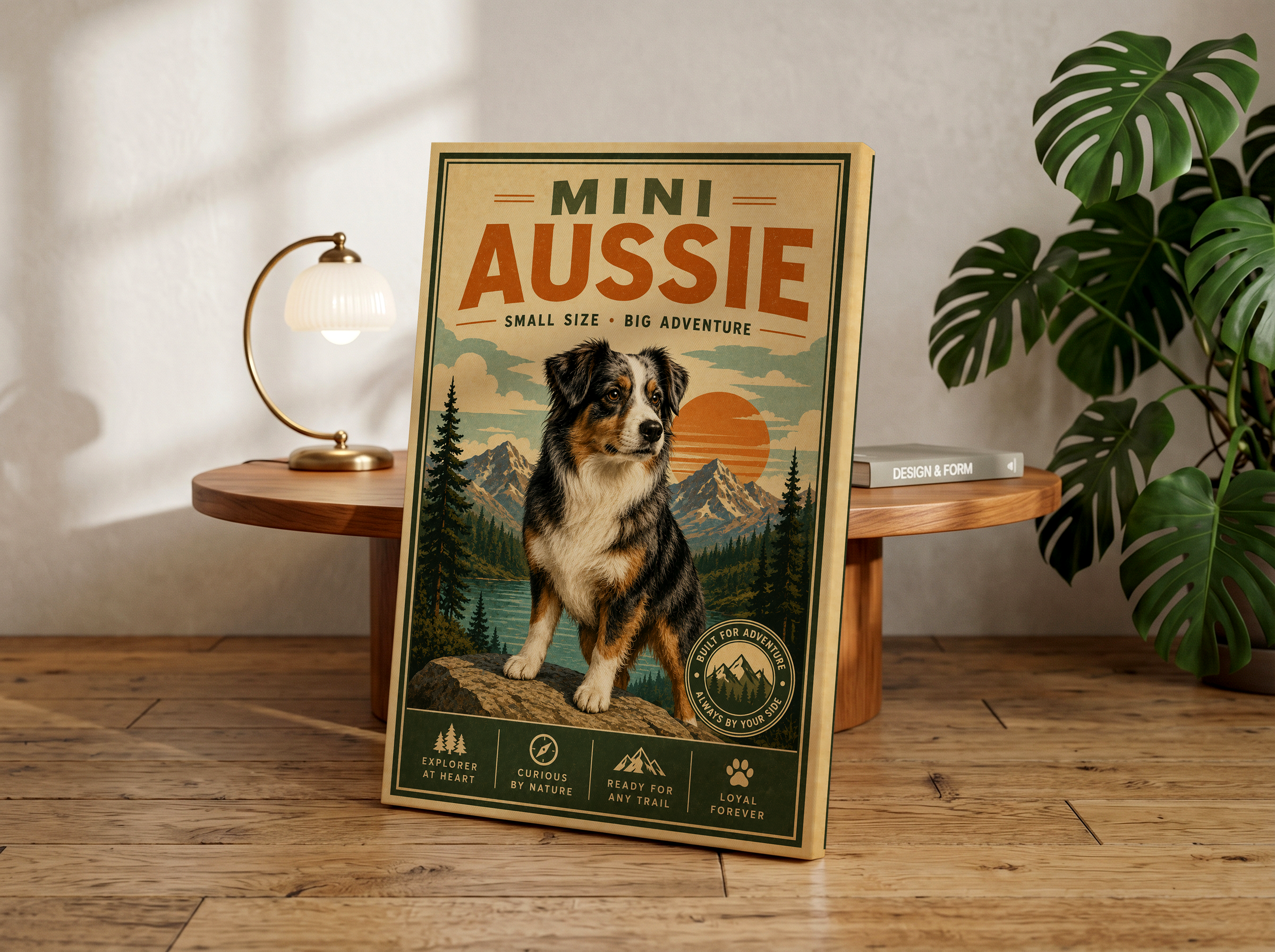 Mini Aussie Poster or Canvas, Retro Adventure Dog Wall Art, Australian Shepherd Mountain Decor, Vintage Outdoor Pet Print