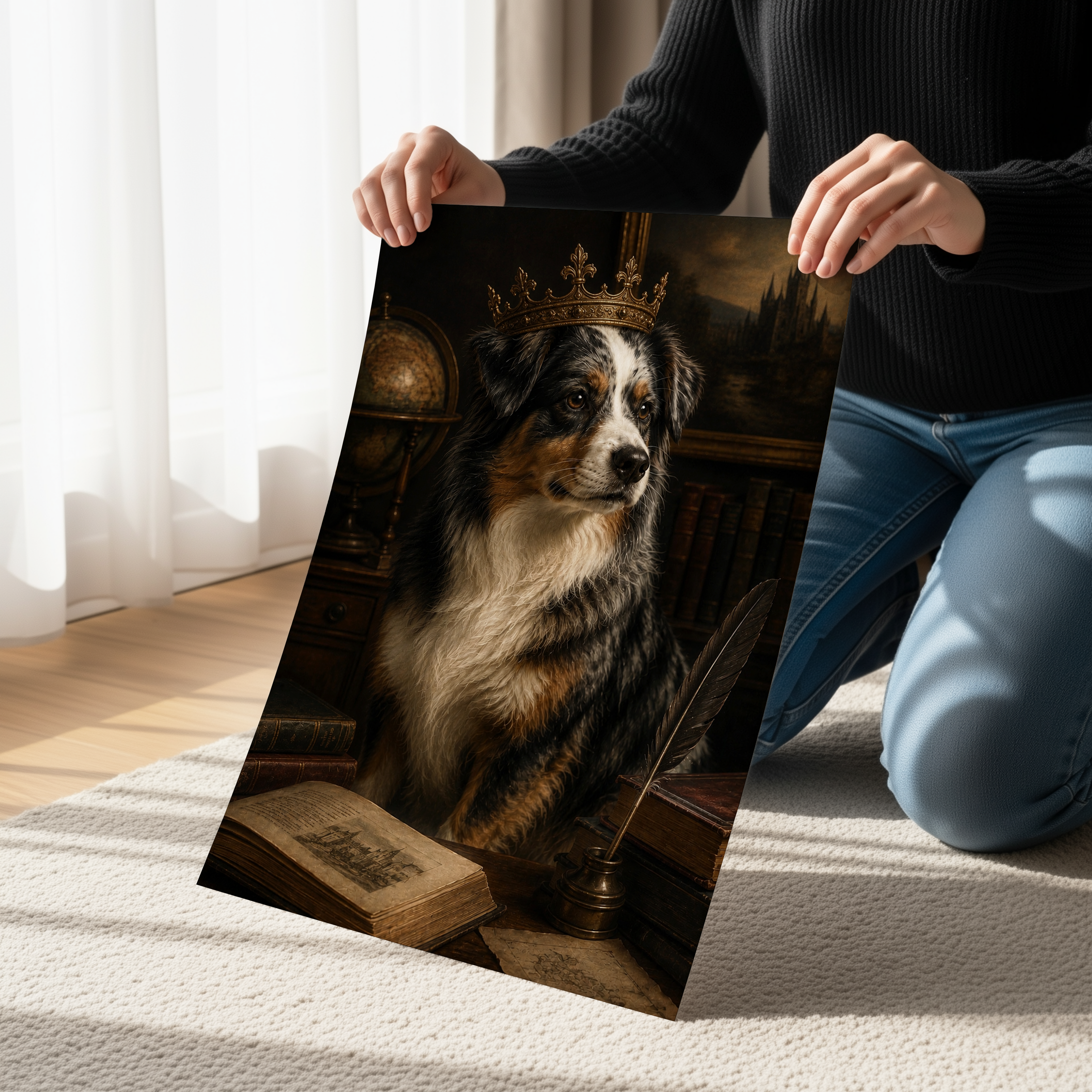 Mini Australian Shepherd Poster or Canvas, Dark Academia Dog Wall Art, Regal Aussie Portrait, Gothic Library Pet Decor