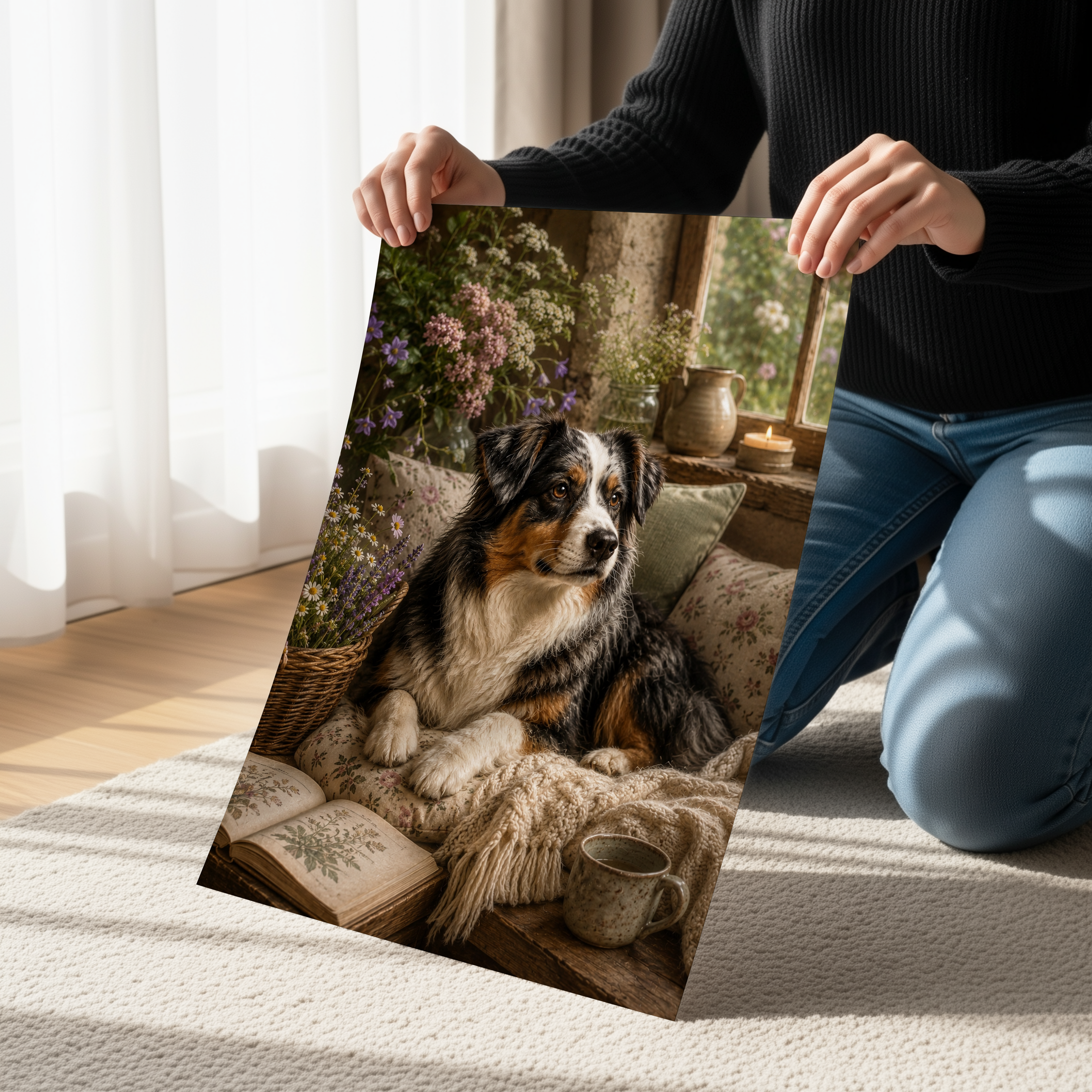 Mini Australian Shepherd Poster or Canvas, Cottagecore Dog Wall Art, Cozy Rustic Aussie Decor, Floral Farmhouse Pet Print