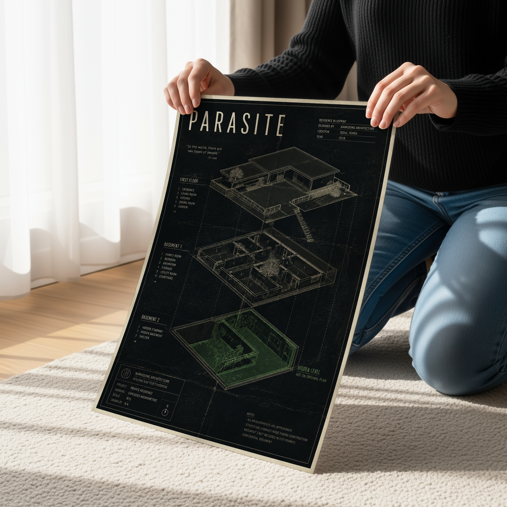 Parasite Poster or Canvas, Architectural Blueprint Wall Art, Bong Joon-ho Inspired Movie Decor, Minimalist Korean Cinema Print