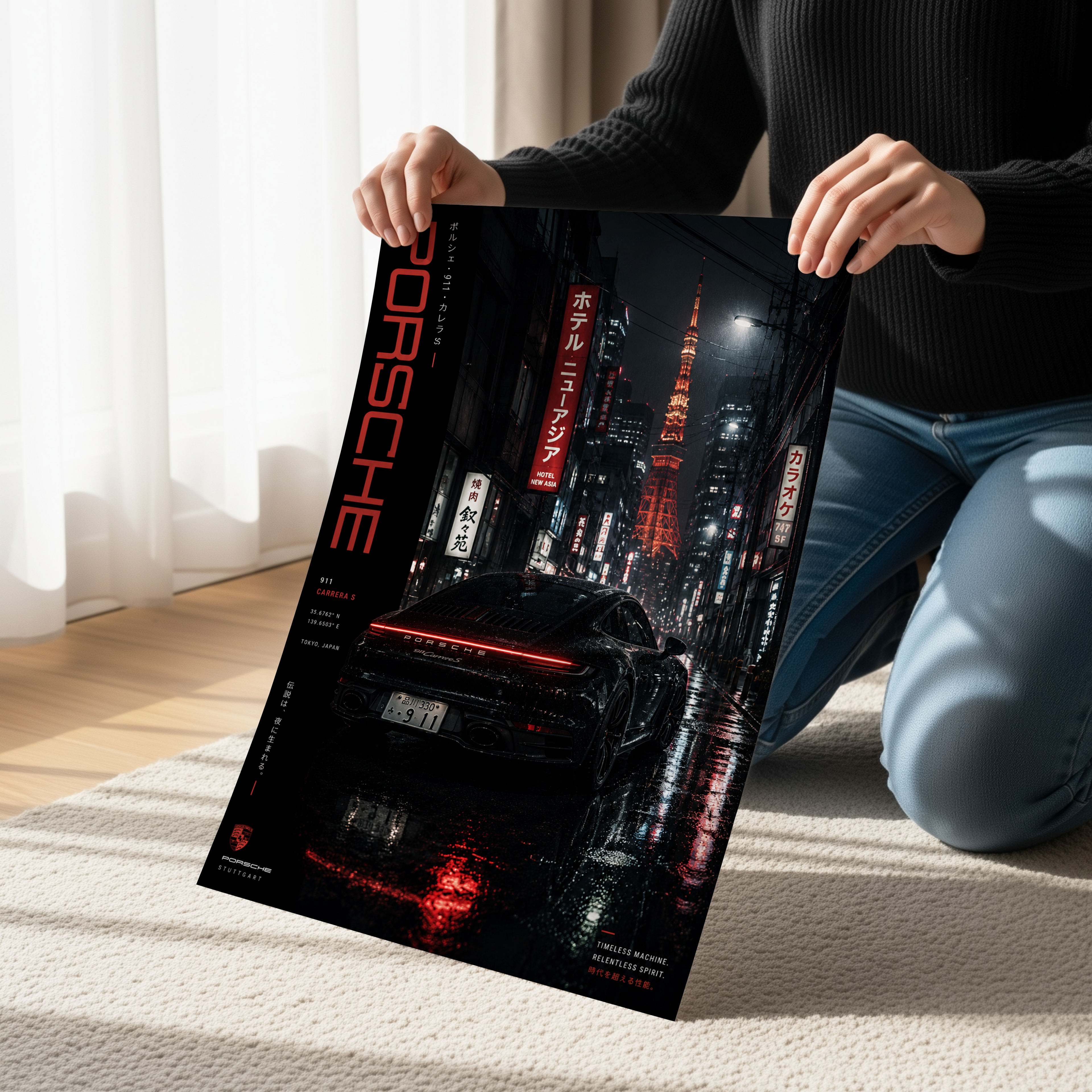 Porsche 911 Poster or Canvas, Tokyo Cyberpunk Car Wall Art, Porsche 911 Carrera S Print, Neon JDM Automotive Decor
