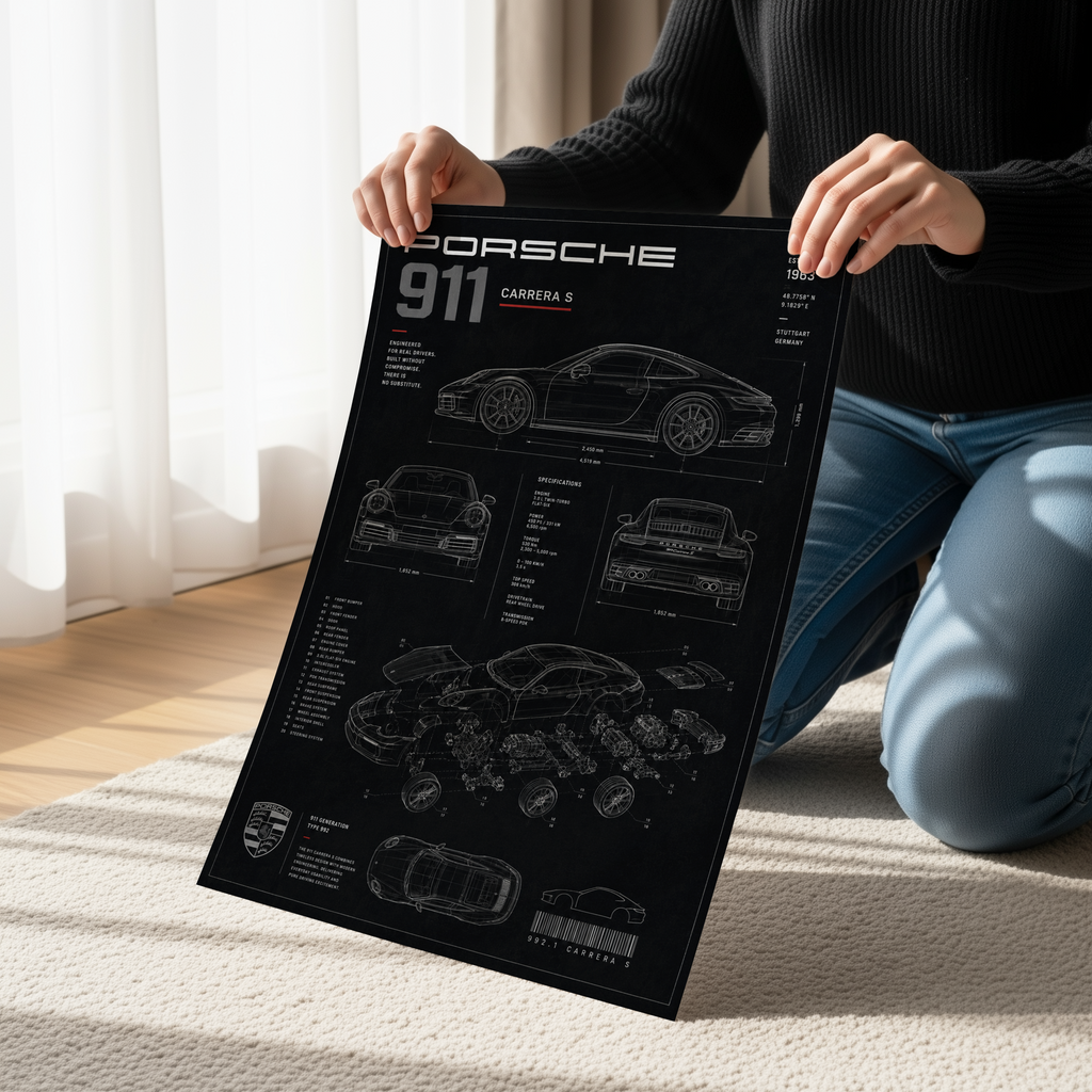 Porsche 911 Blueprint Poster or Canvas, Porsche Carrera S Technical Wall Art, Automotive Schematic Print, Modern Garage Decor