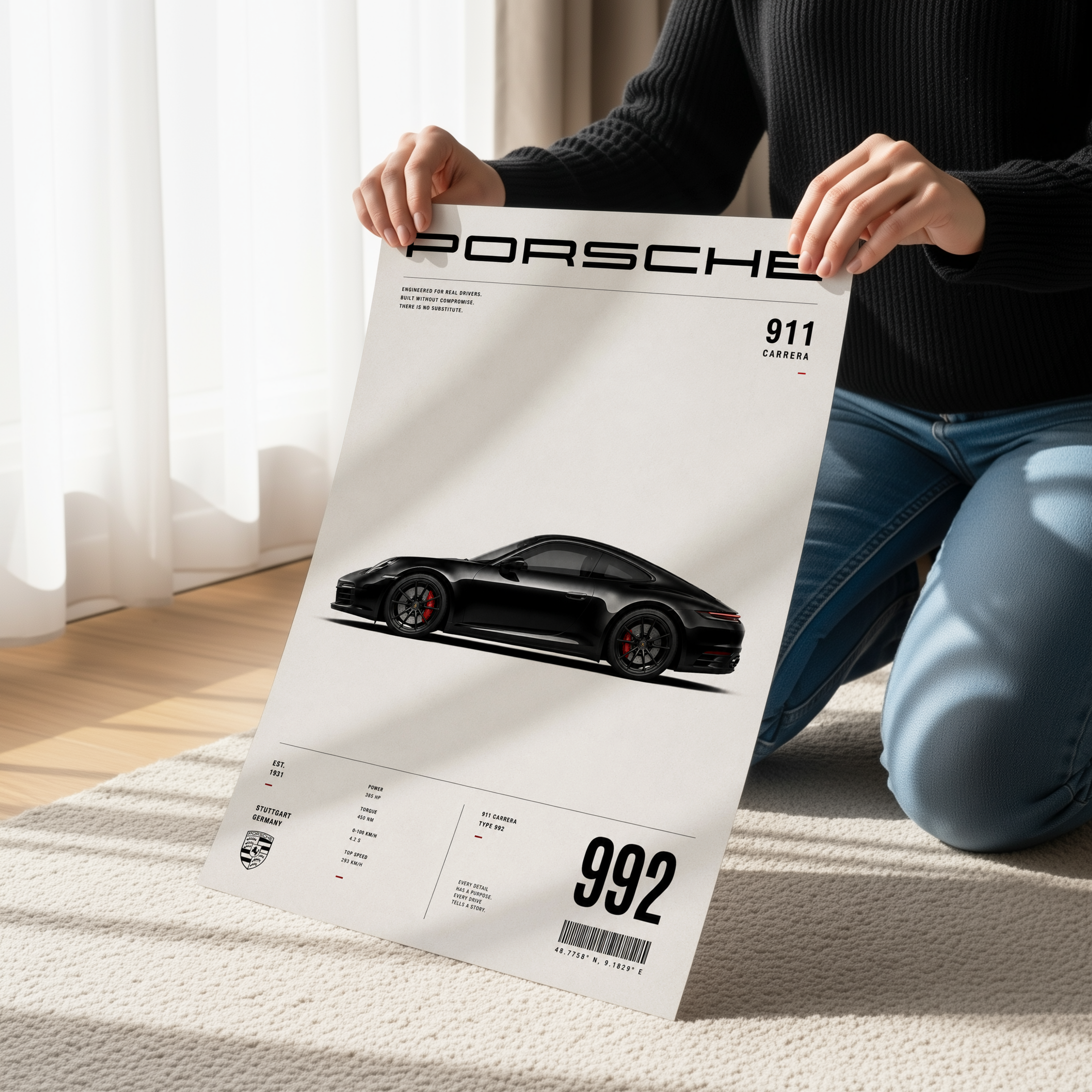 Porsche 911 Poster or Canvas, Minimalist Porsche Wall Art, Porsche 992 Carrera Print, Modern Car Enthusiast Decor