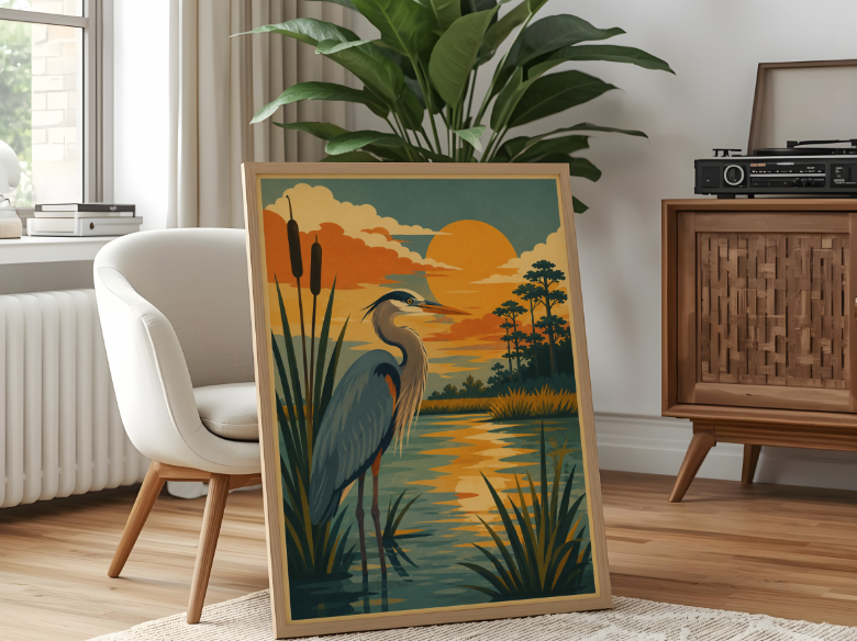 Retro Blue Heron Wall Art Print, Mid Century Coastal Marsh Sunset Poster, Wetland Bird Nature Decor