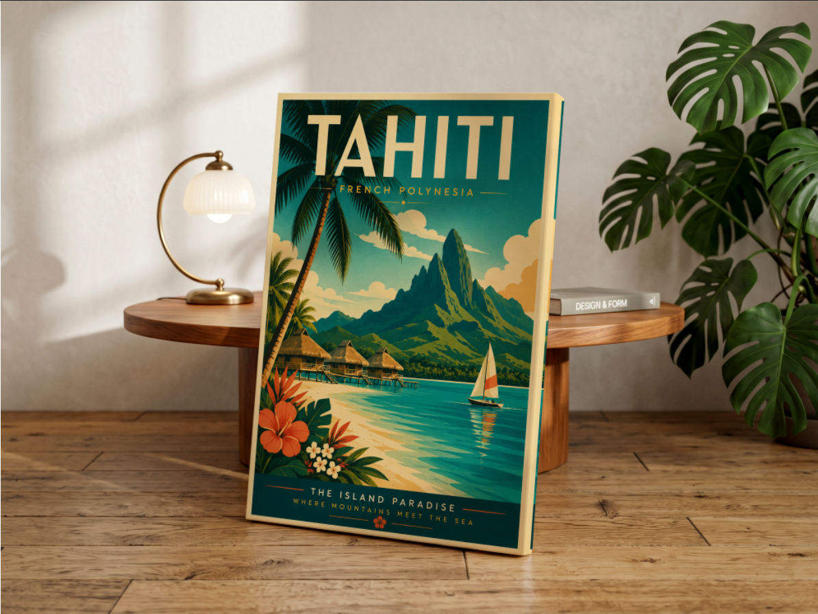 Tahiti Travel Poster, Vintage French Polynesia Wall Art, Tropical Beach Print, Retro Island Paradise Artwork, Coastal Decor, Bora Bora Inspired Poster, Vacation Wall Art