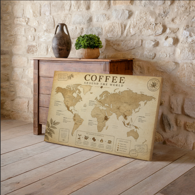 Coffee Around the World Map Print, Vintage Coffee Wall Art, Coffee Origins Poster, Coffee Bean Journey Decor, Barista Gift, Coffee Lover Map, Rustic Café Artwork