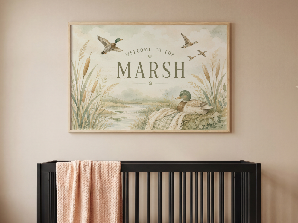 Welcome to the Marsh Wall Art, Duck Nursery Decor, Waterfowl Nursery Print, Mallard Nursery Artwork, Hunting Nursery Wall Decor, Marshland Baby Room Art