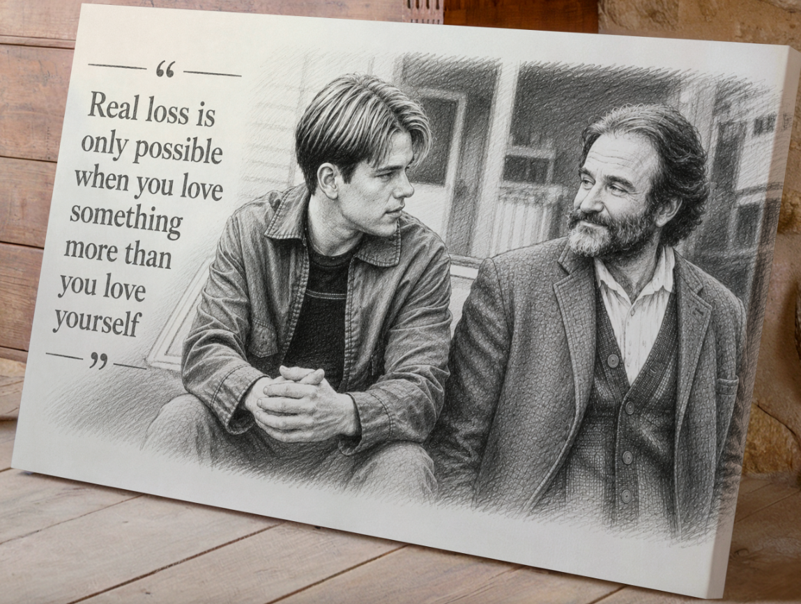 Real Loss Quote Wall Art, Good Will Hunting Inspired Print, Inspirational Movie Quote Poster, Black and White Pencil Drawing, Motivational Wall Decor, Therapy Office Art